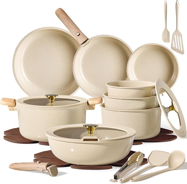 CAROTE 25pcs Ceramic Cookware Set, Pots and Pans Set with Detachable Handle | Non-Stick, Non-Toxic, PFAS & PFOA Free, Induction Compatible, Dishwasher & Oven Safe, Space Saving, Camping Cooking, Oatmeal