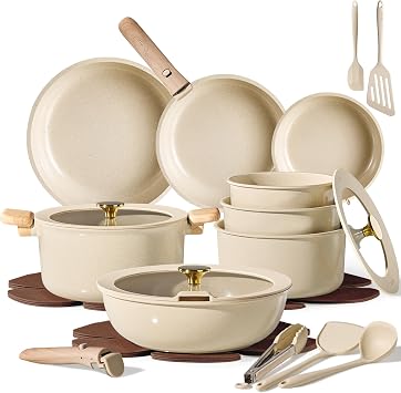CAROTE 25pcs Ceramic Cookware Set, Pots and Pans Set with Detachable Handle | Non-Stick, Non-Toxic, PFAS & PFOA Free, Induction Compatible, Dishwasher & Oven Safe, Space Saving, Camping Cooking, Oatmeal