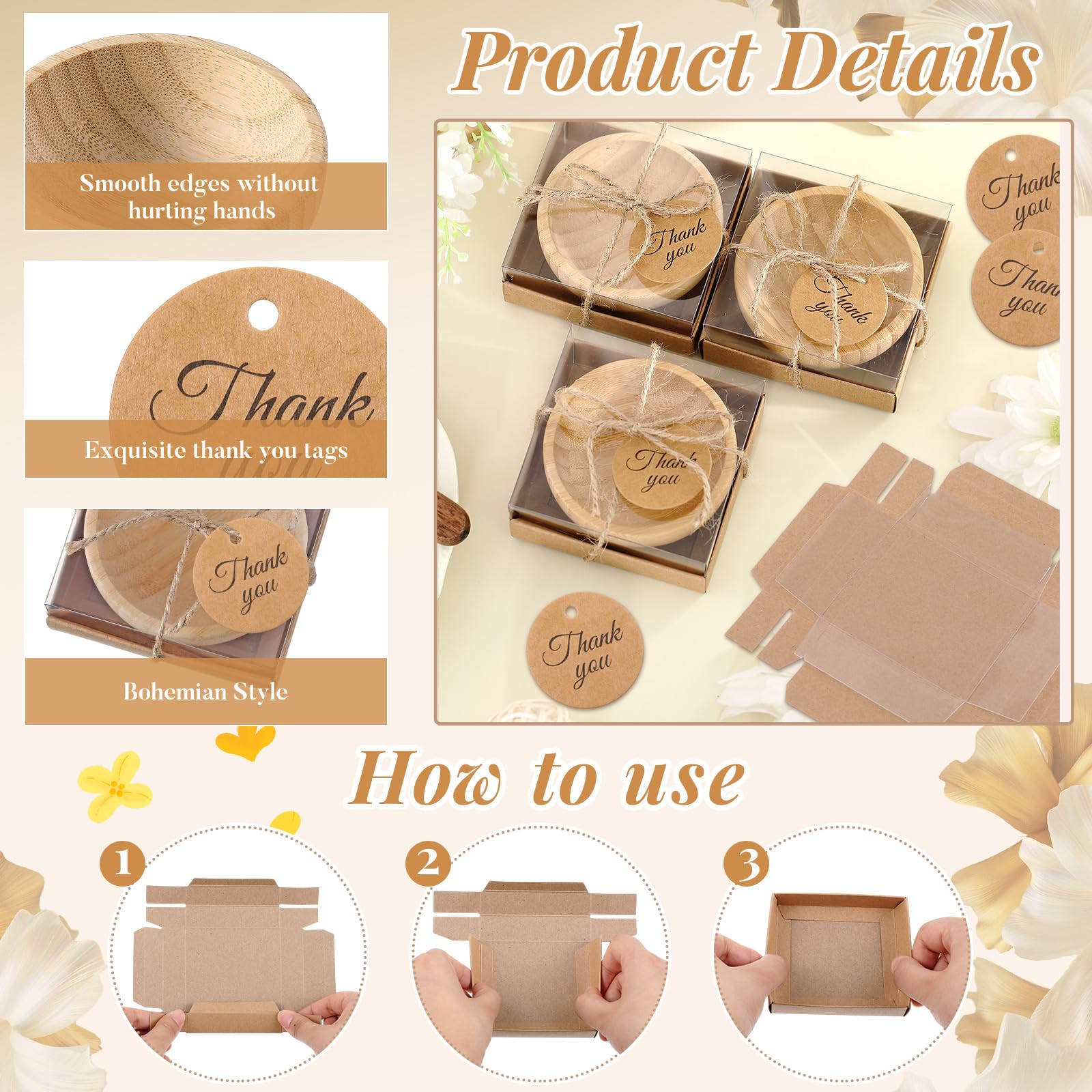 Honeydak 10 Sets Bamboo Small Wooden Bowls, Wedding Favors for Guests Bulk with Kraft Gift Box Thank You Card, Bridal Shower Souvenirs Bachelorette Baby Shower Birthday Party Return Gifts