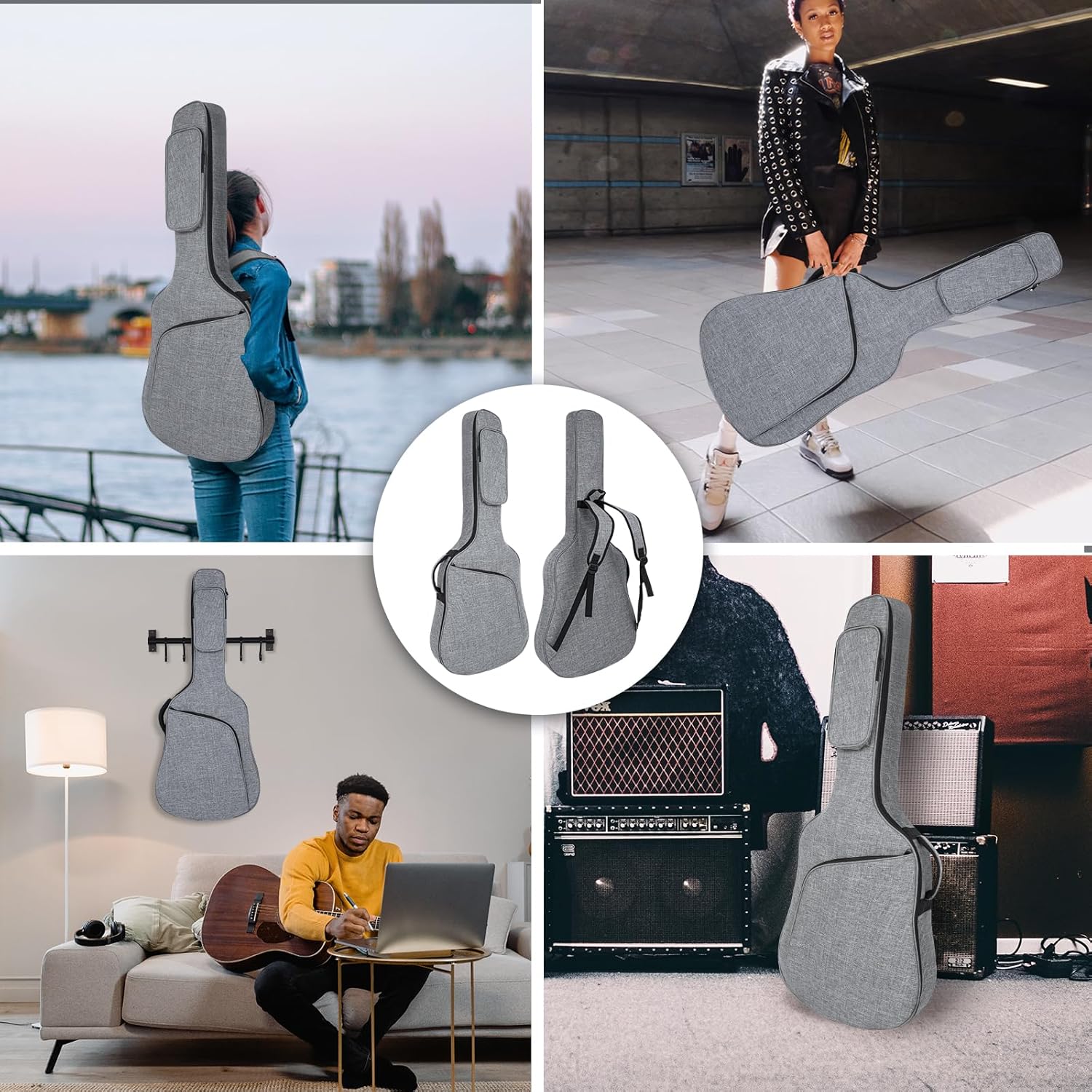 39 40 41 Inch Acoustic Guitar Bag Acoustic Guitar Case, 10MM/0.4In Thick Padding Acoustic Guitar Gig Bag with Comfortable Handle and Pockets, Green Zipper, Black