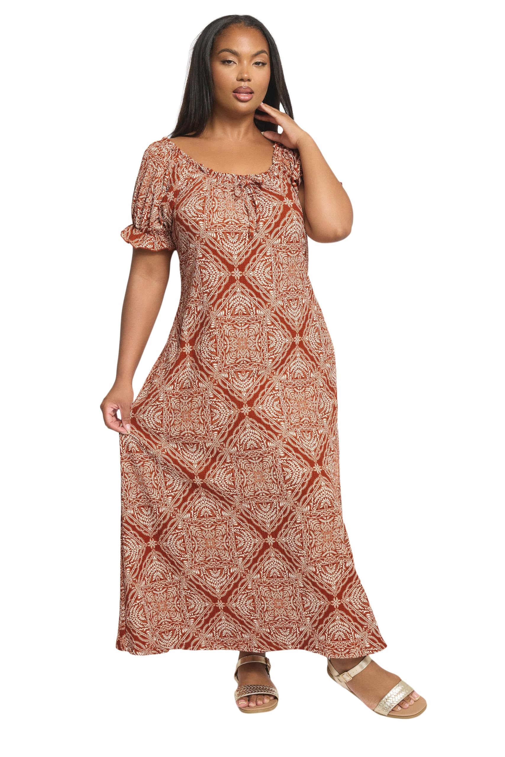 Yours Women's Brown Curve Rust Paisley Textured Milkmaid Dress - Plus Size Curve