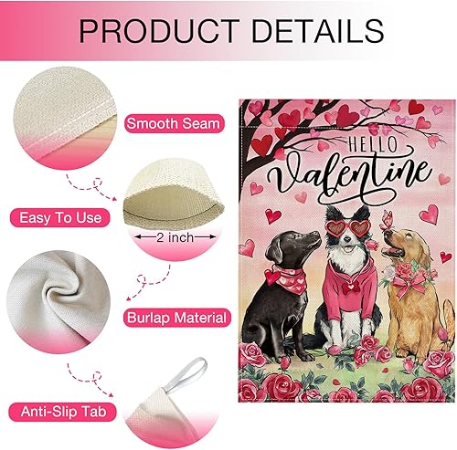 Miniatura 3 de Bandera de casa de perro con texto en inglés "Hello Valentine", diseño de árbol de corazón de amor rosa rojo y rosa con texto en inglés "Hello