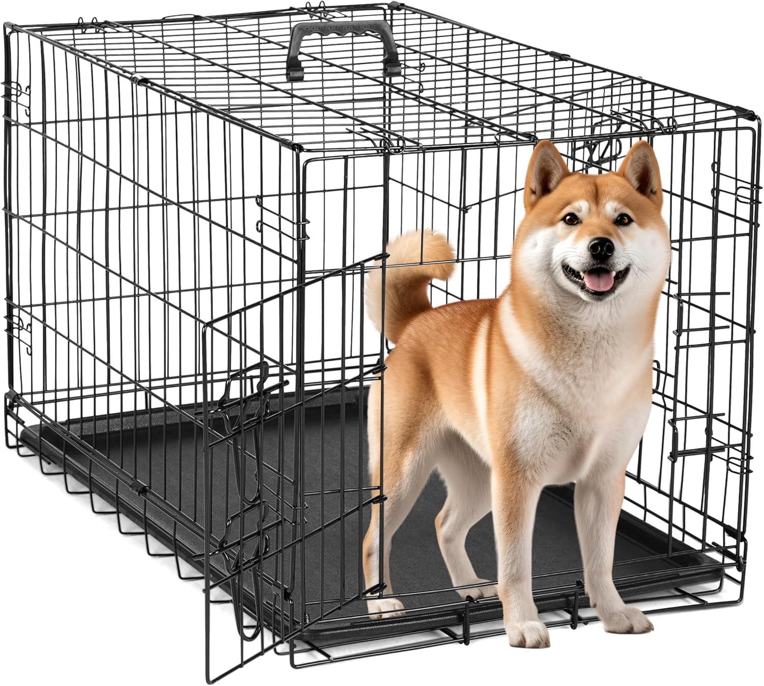 Simple Deluxe 30-Inch Medium Dog Crate with Divider, Double Door Folding Metal Wire Cage with Leak-Proof Plastic Tray, Portable Pet Kennel for Indoor, Outdoor, and Travel 30 Inch Double Door