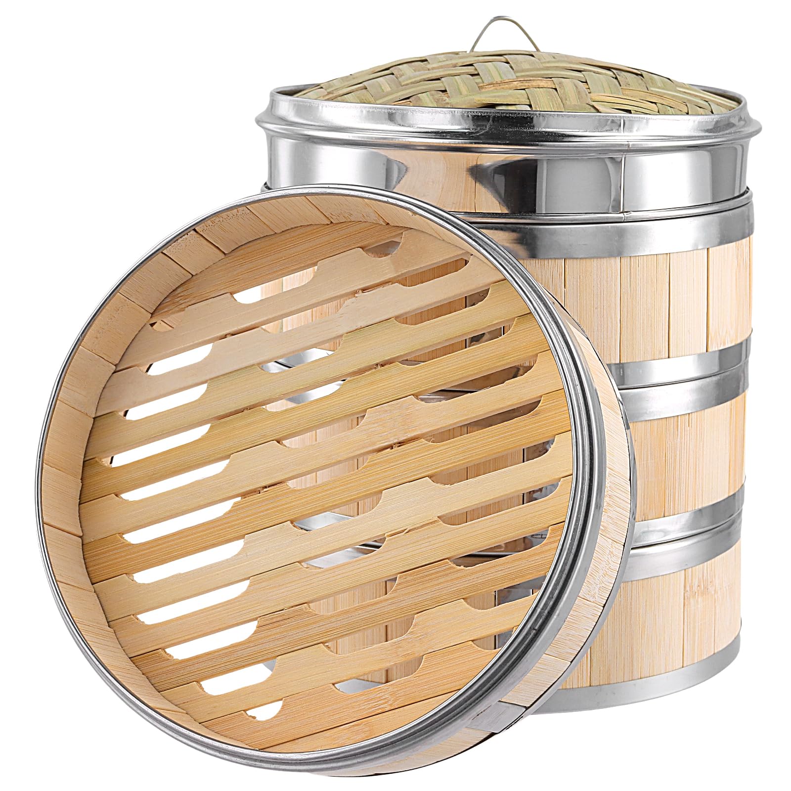 Panier vapeur en bambou de 20 cm avec couvercle, 4 niveaux en bambou avec bande en acier inoxydable pour petits pains, raviolis, dim sum