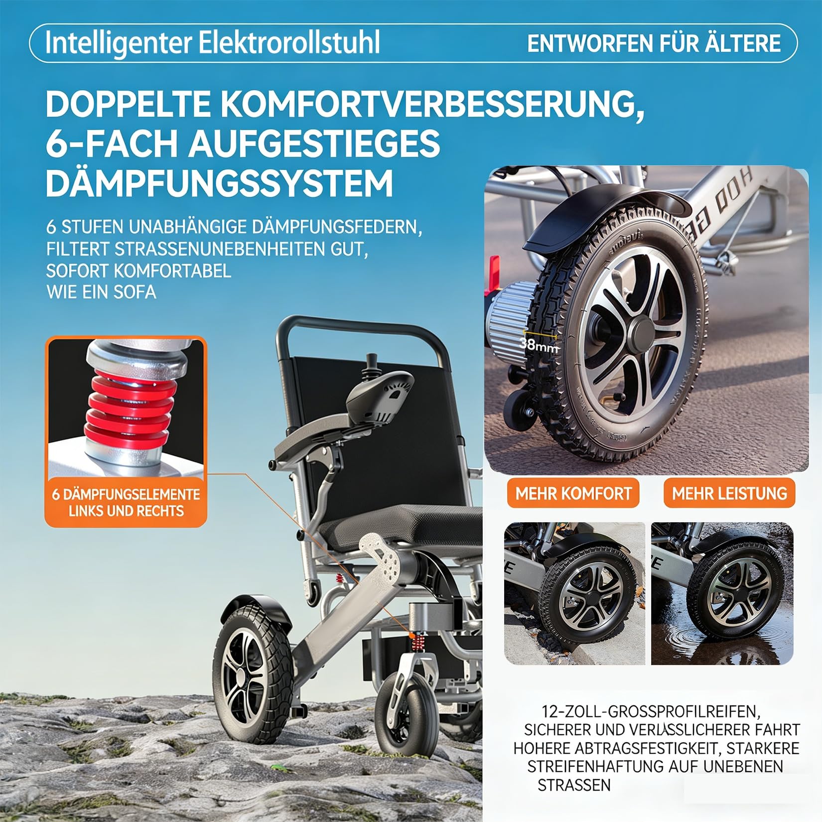 Elektrorollstuhl faltbar, 700W Motor – Reise-Rollstuhl mit manuell verstellbarer Rückenlehne, Fernbedienung, Reichweite 20/30/45/55 km, 26 kg, Sitzbreite 43 cm, bis 150 kg,30ah