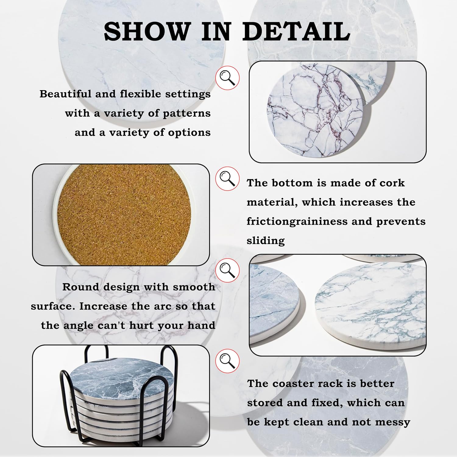 Coasters Set of 6, Absorbent Ceramic Drink Coasters with Holder, Round Coasters with Non-Slip and Scratch Resistant Cork Base for Coffee Table, Home Decor, Housewarming Gift (Marble)