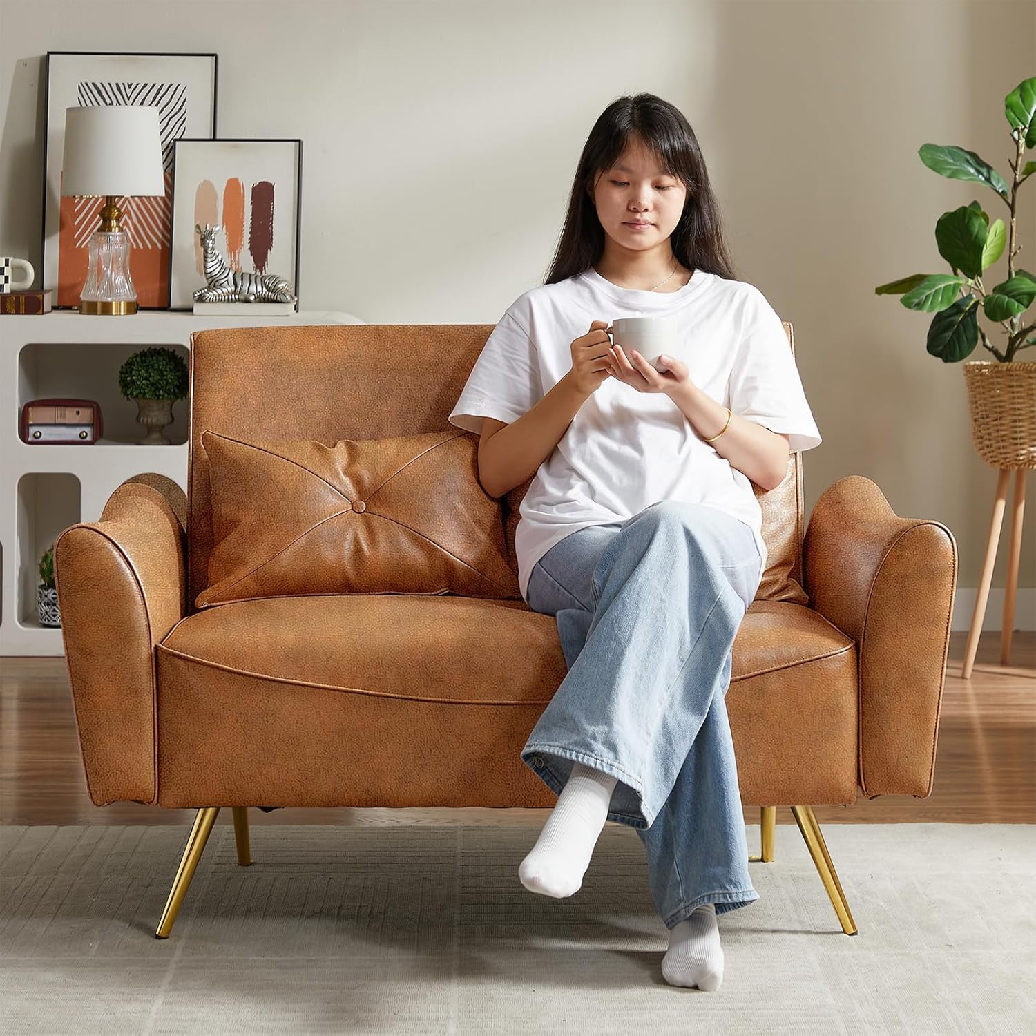 Brelice 48" Faux Leather Loveseat Sofa, Modern Small Couch for Small Space with 2 Pillows, 2 Seater Couch for Living Room, Bedroom, Office, Apartment (Brown)