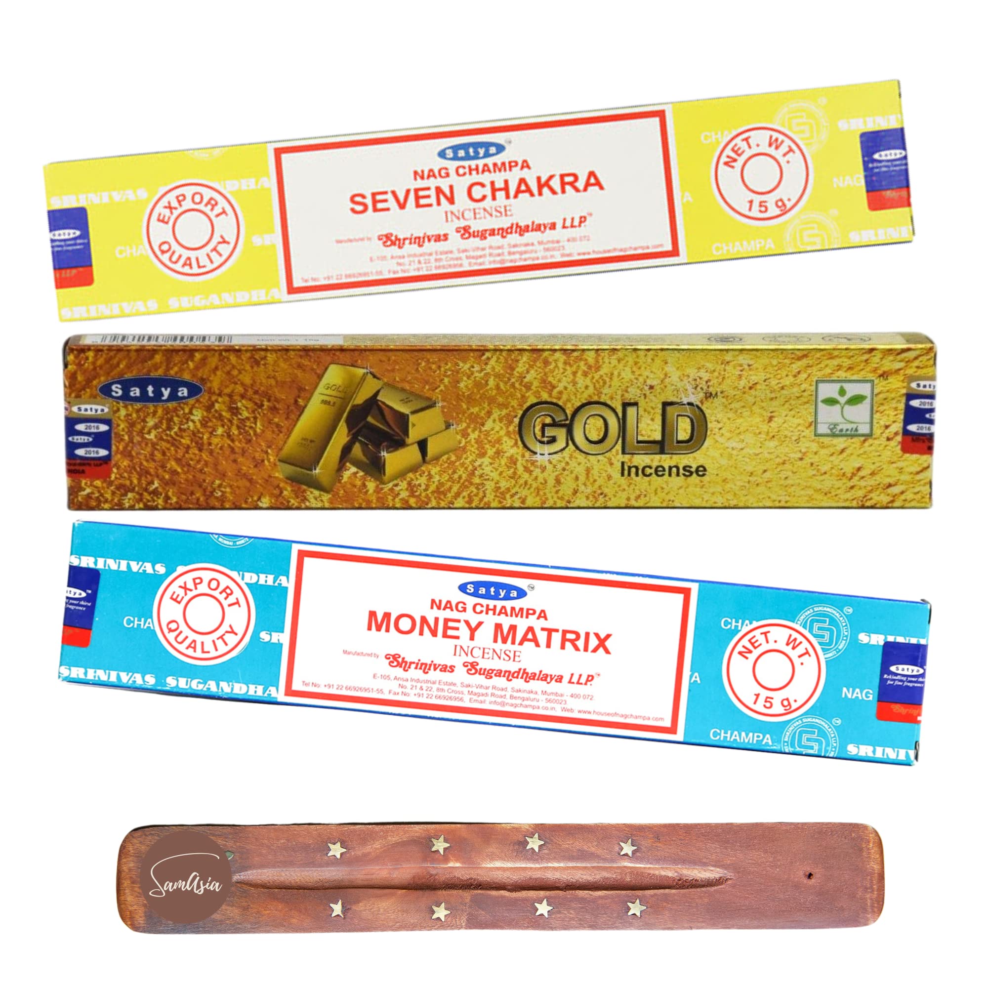 Samasia Gold Satya Nag Champa Seven Chakra, And Money Matrix Incense Sticks | X3 Pack | With Incense Sticks Holder | Burn For Prosperity