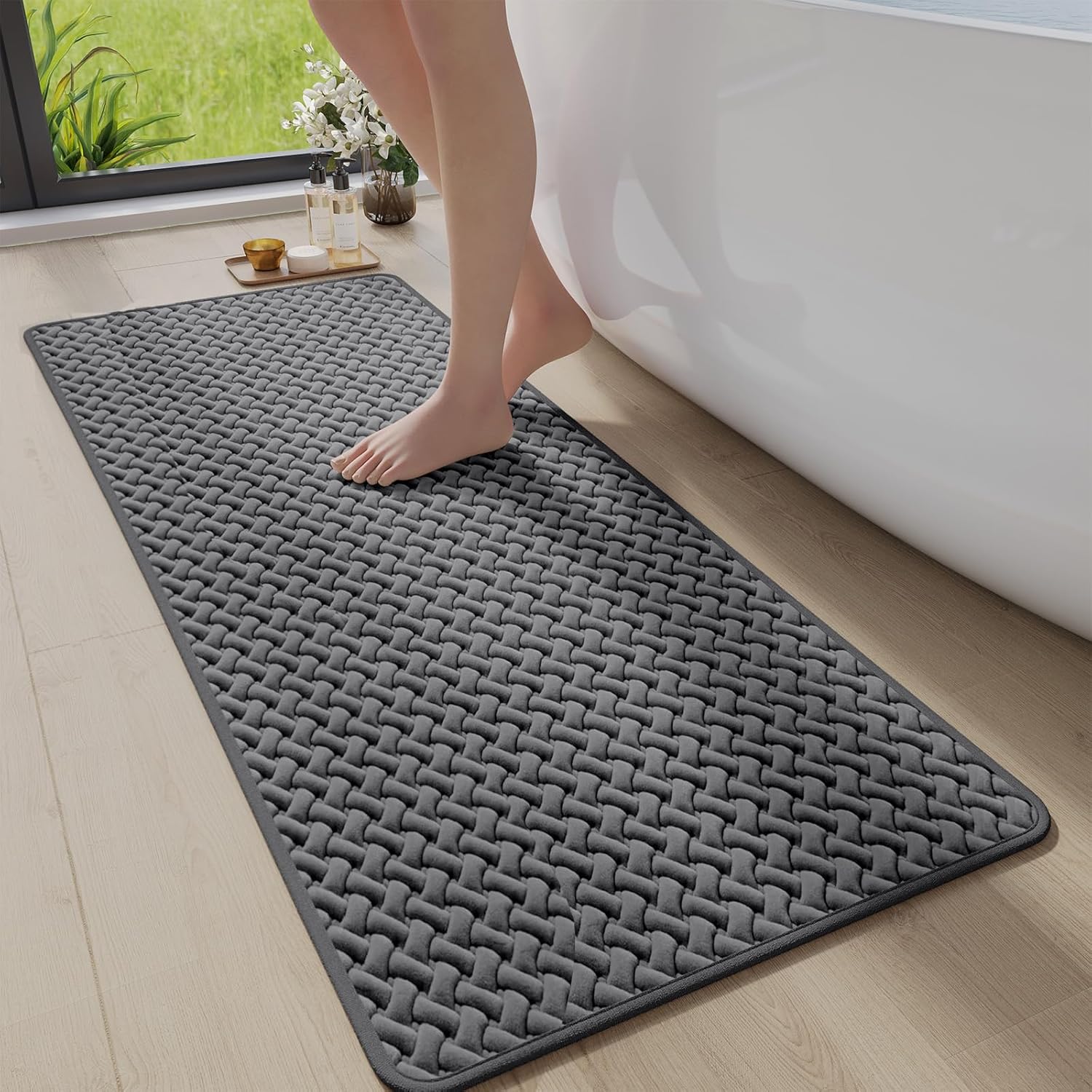 Bathroom Runner Rug Non Slip, Super Absorbent Quick Dry Long Bath Mat, Foam Weave Texture Rubber Backing Ultra Thin Bathroom Mats Fit Under Door Bathroom Floor Bathtub Shower, 16"x 47"