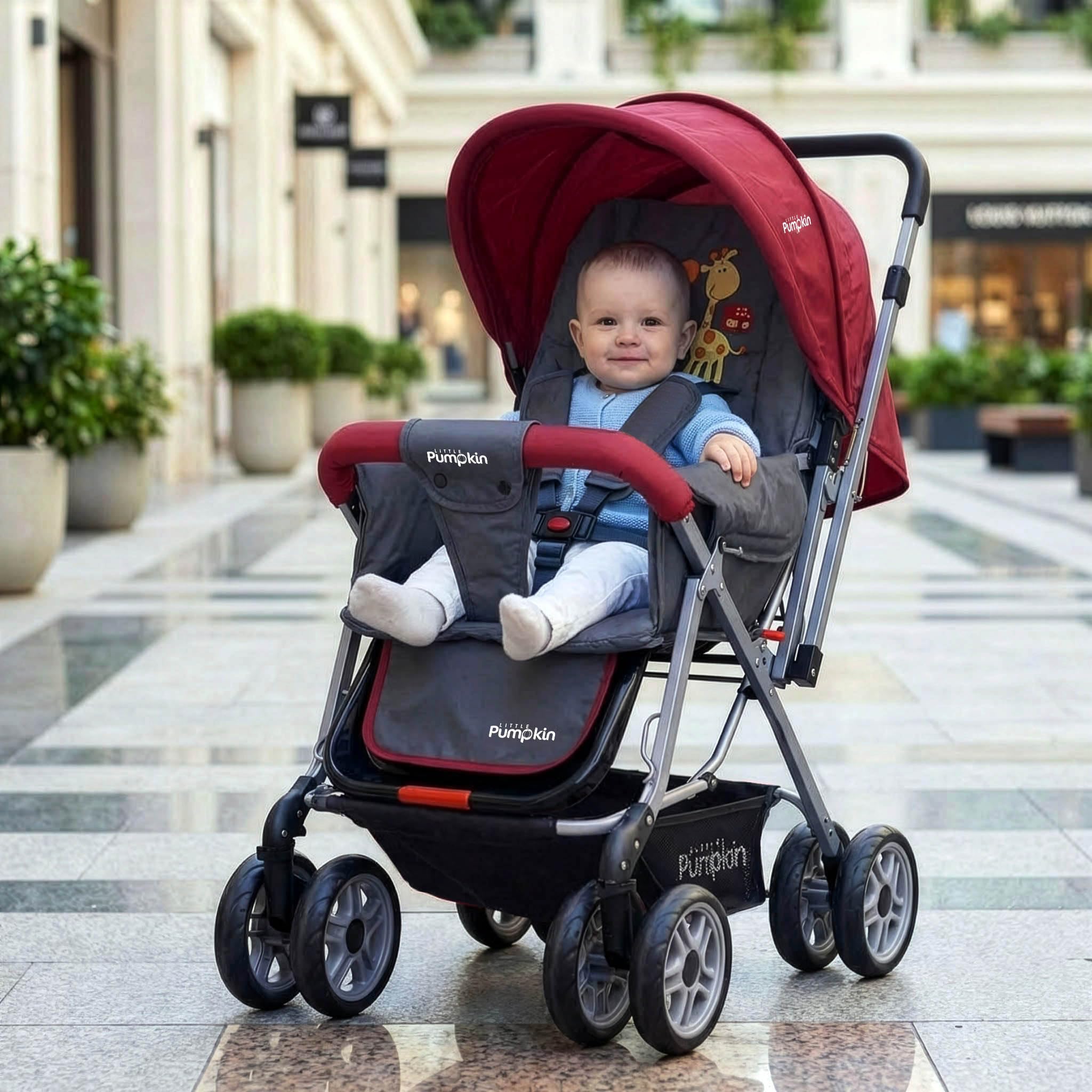 Little Pumpkin by R for Rabbit Kiddie Kingdom Baby Stroller Pram with 3 Position Recline, Adjustable Backrest, 360° Swivel Wheel, Storage Basket, Reversible Handle for Kids 0 to 3 Years (Red)-image-21