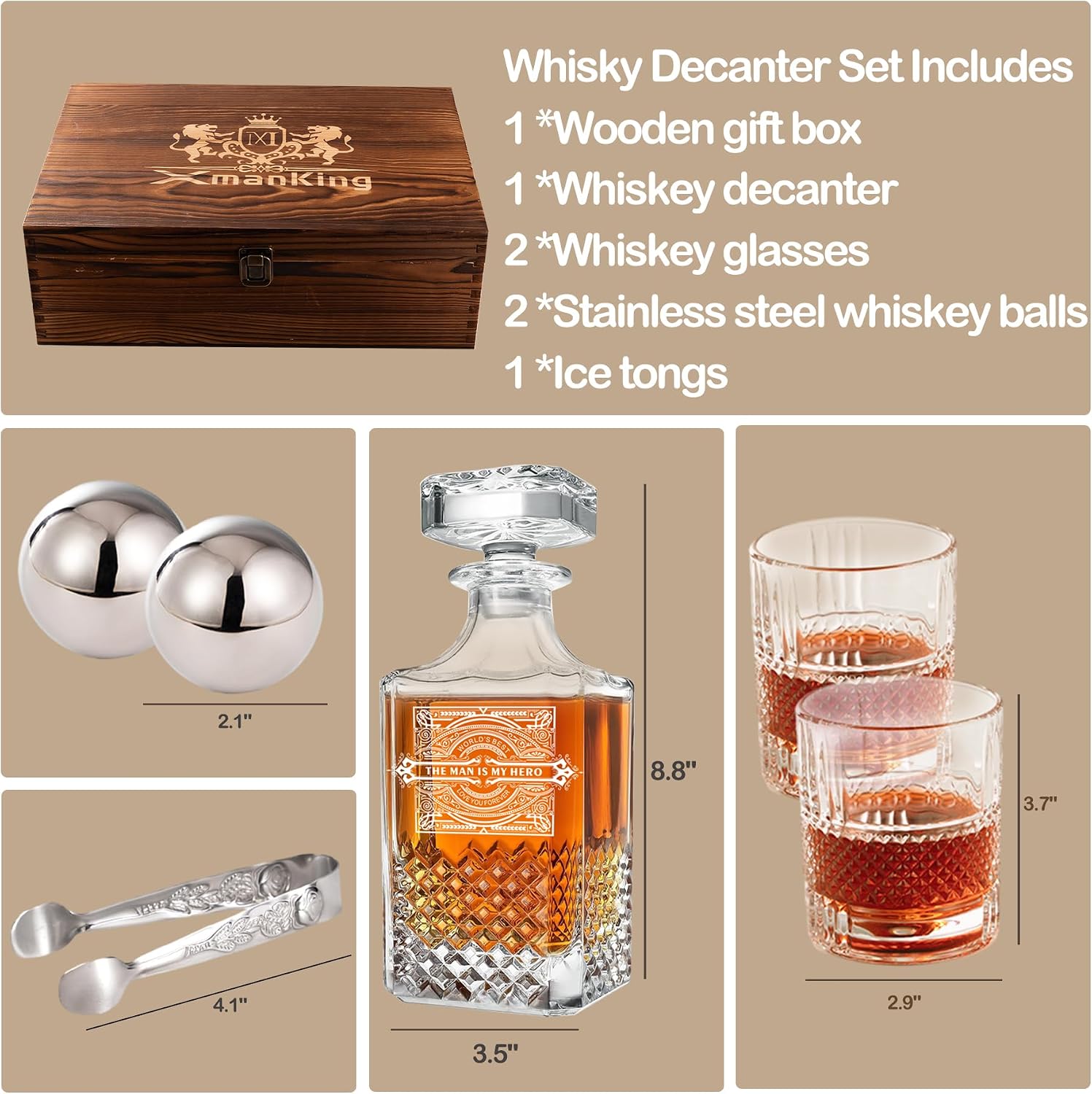 Whiskey Decanter Set With Glasses, Stainless Steel Stones, Tongs and Wooden Box - Father's Day, Retirement, Birthday Gift for Men and Dad