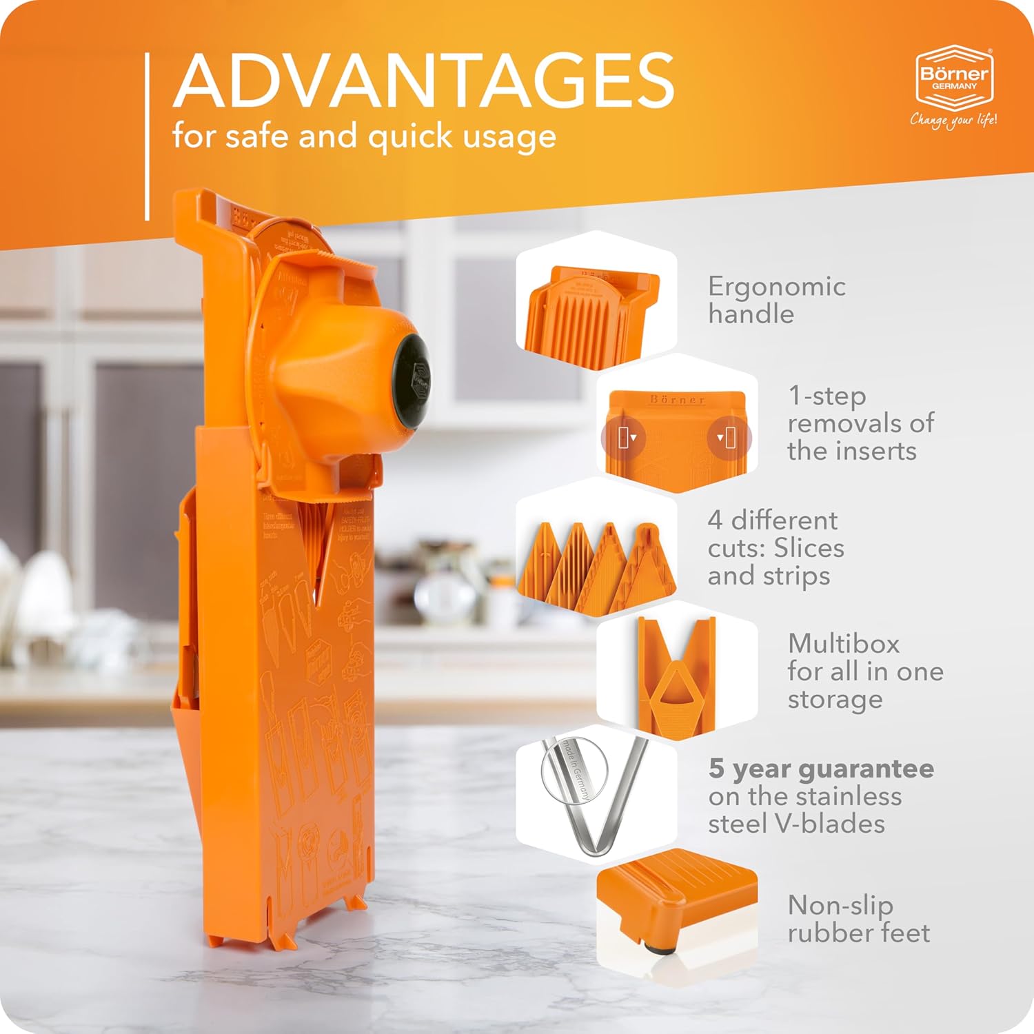 Börner Mandoline Slicer V3 (Starter Set) • V-Slicer for 5 Cutting Styles with Fruit Holder • Adjustable Vegetable Slicer for Vegetables & Fruits • Stainless Steel V-Blade • Color: Orange