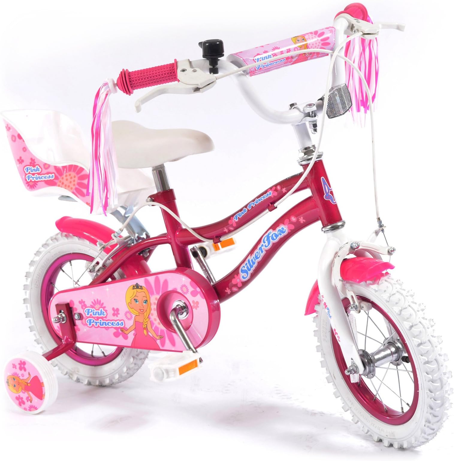 Muddyfox X Silverfox Girl Princess Spoked Wheels Bike with Slick Tread Tyres, Pink/White, Size 12-Inch