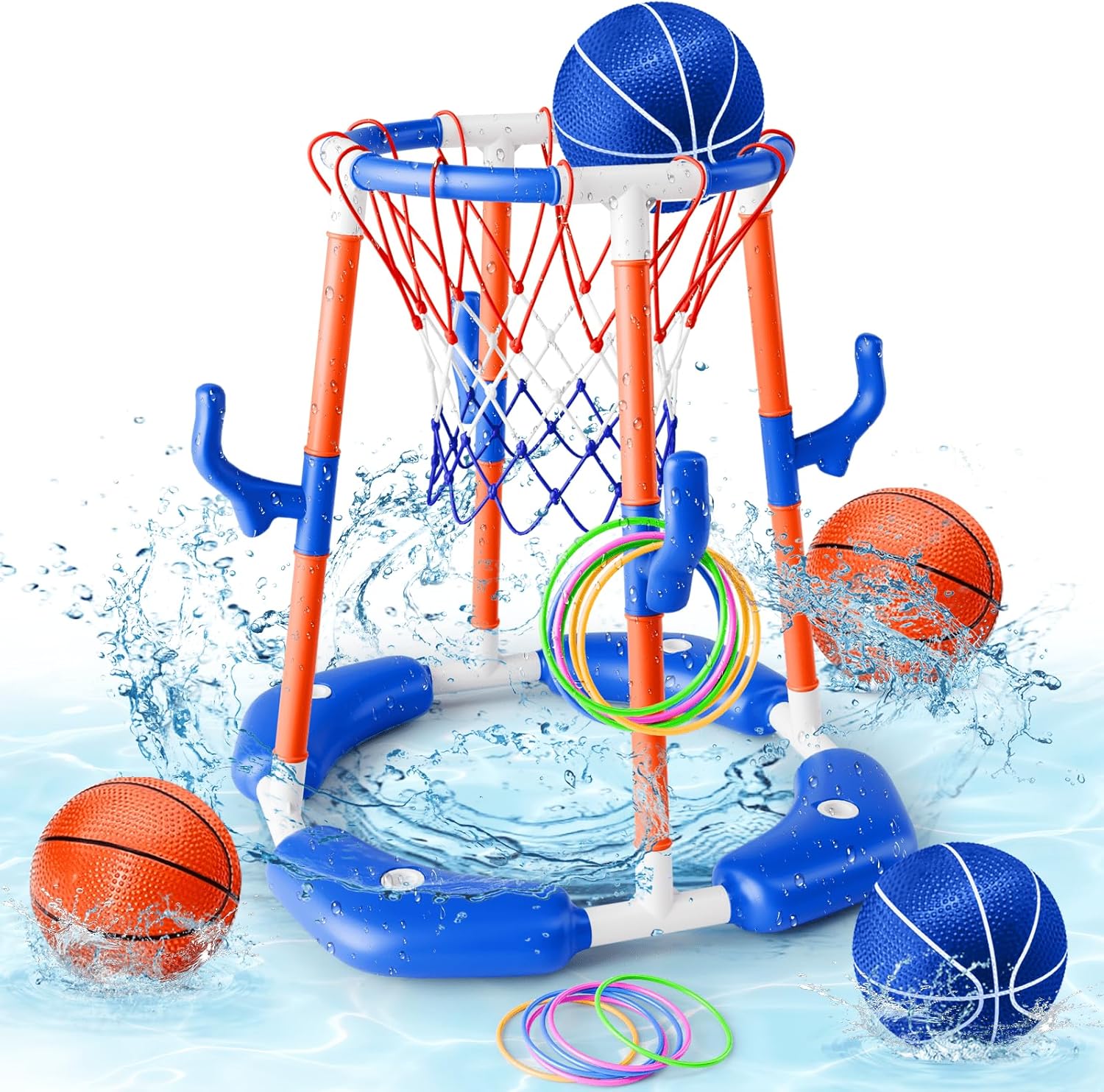 AIGIMU Pool Basketball Hoop, 2-in-1 Floating Pool Toys Ring Game with 4 Balls and Pump, Outdoor Swimming Pool Games for Kids Adults Water Basketball for Pool Basketball Games for Outdoor Indoor Play