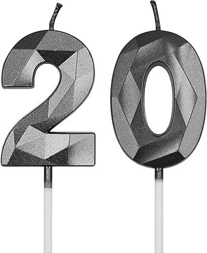 Velas de 20 cumpleaños para pastel, vela negra con forma de diamante 3D número 20, decoración de cumpleaños, suministros de fiesta para niñas,