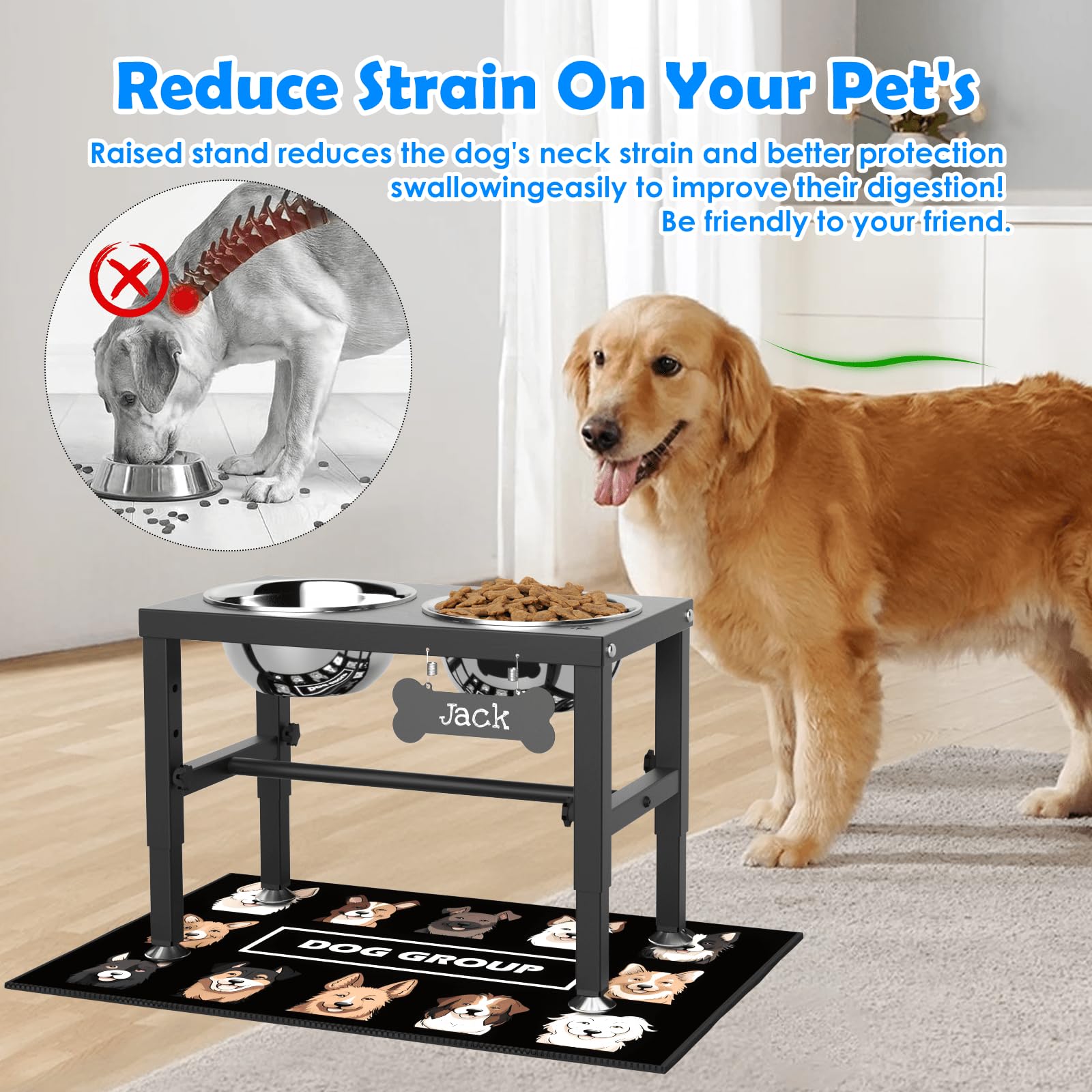 SHAINFUN Elevate Ciotole per cani con tappetino, supporto rialzato per ciotola per cani con 2 ciotole in acciaio inox da 1,644 g, supporto per cibo e acqua per cani alti