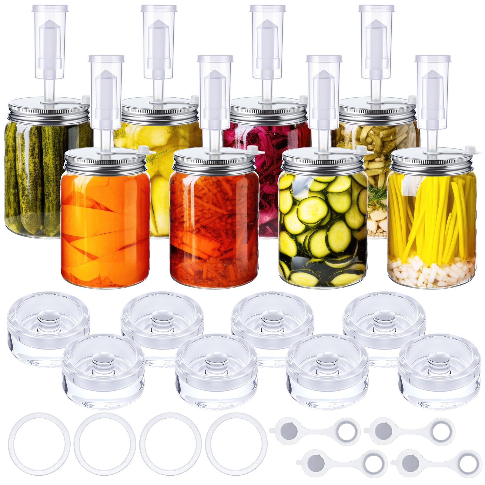 8-teiliges Fermentationsset für Einmachgläser mit breiter Öffnung, Sauerkraut-Set mit 8 Luftschlössern, 8 Gärdeckeln, 8 Glasgewichten, 8 Silikonringen und Ösen (Gläser nicht im Lieferumfang