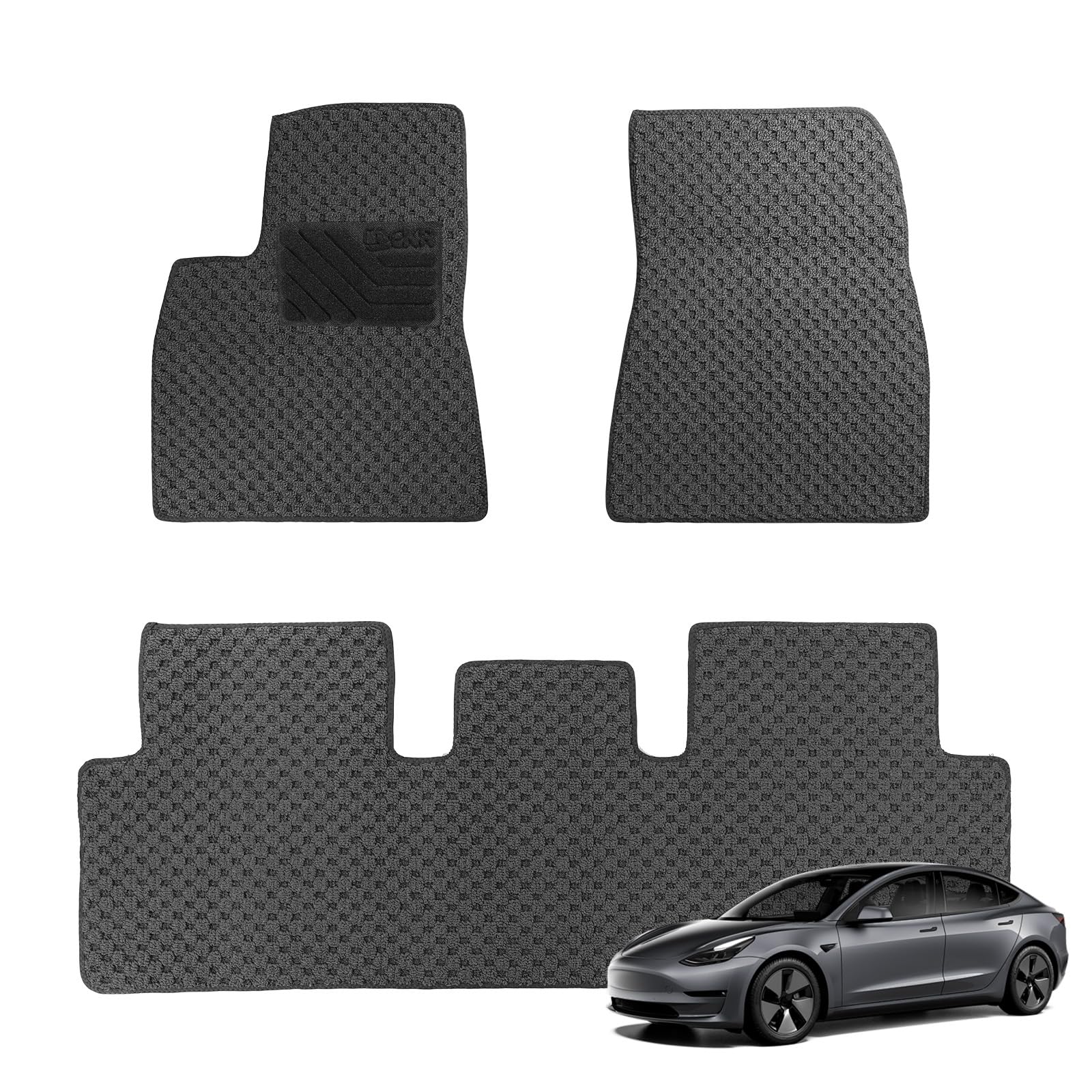 Alfombrillas EKR personalizadas para Tesla Model 3 (2017, 2018, 2019, 2020, 2021, 2022 y 2023), de 0,3 pulgadas de grosor, antideslizantes, impermeables y de primera calidad, para todo tipo de clima, con diseño de cuadros negros.