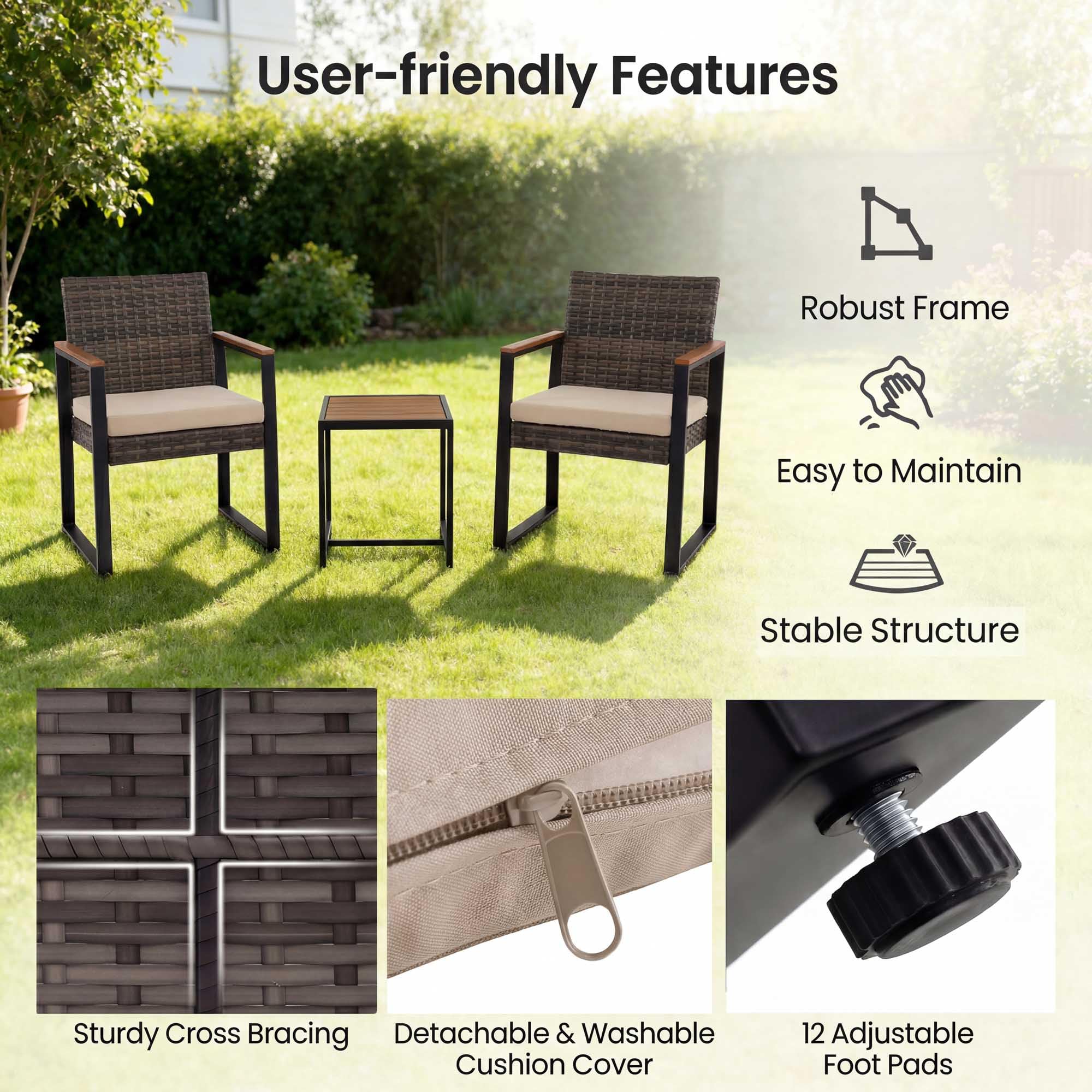 LIFEZEAL Set Tavolo e Sedie da Giardino 3 Pezzi, in Rattan PE e Metallo, Salotto da Giardino 2 Persone con 1 Tavolino da Caffè, 2 Divanetti e Cuscini, Set da Bistrò per Balcone, Terrazzo (Bianco)
