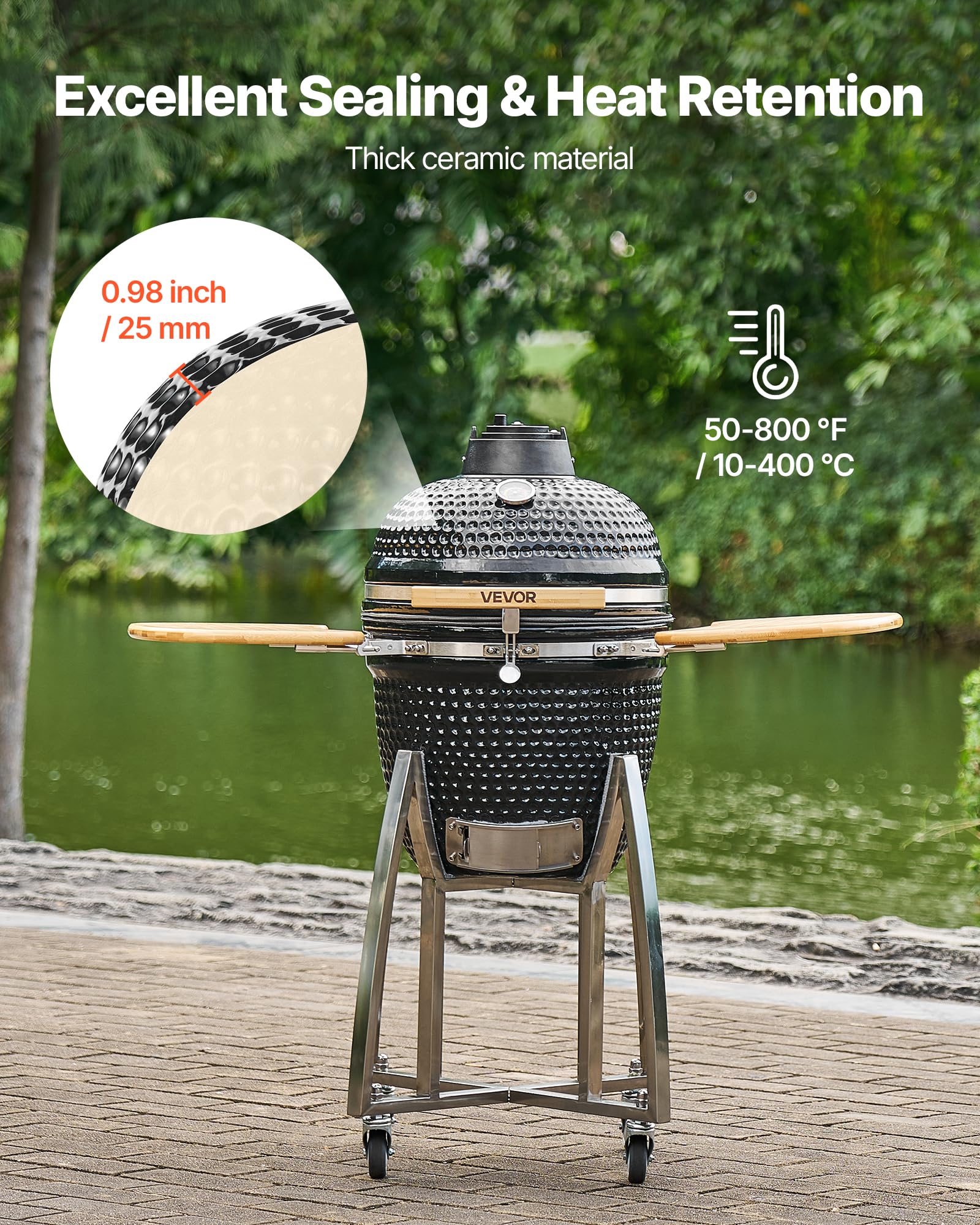 VEVOR Wędzarnia i grill na węgiel drzewny Kamado, 45 cm, ruchomy ceramiczny grill z 4 kółkami (2 zamykane), wbudowany termometr, otwory wentylacyjne i półka boczna do gotowania na zewnątrz na patio