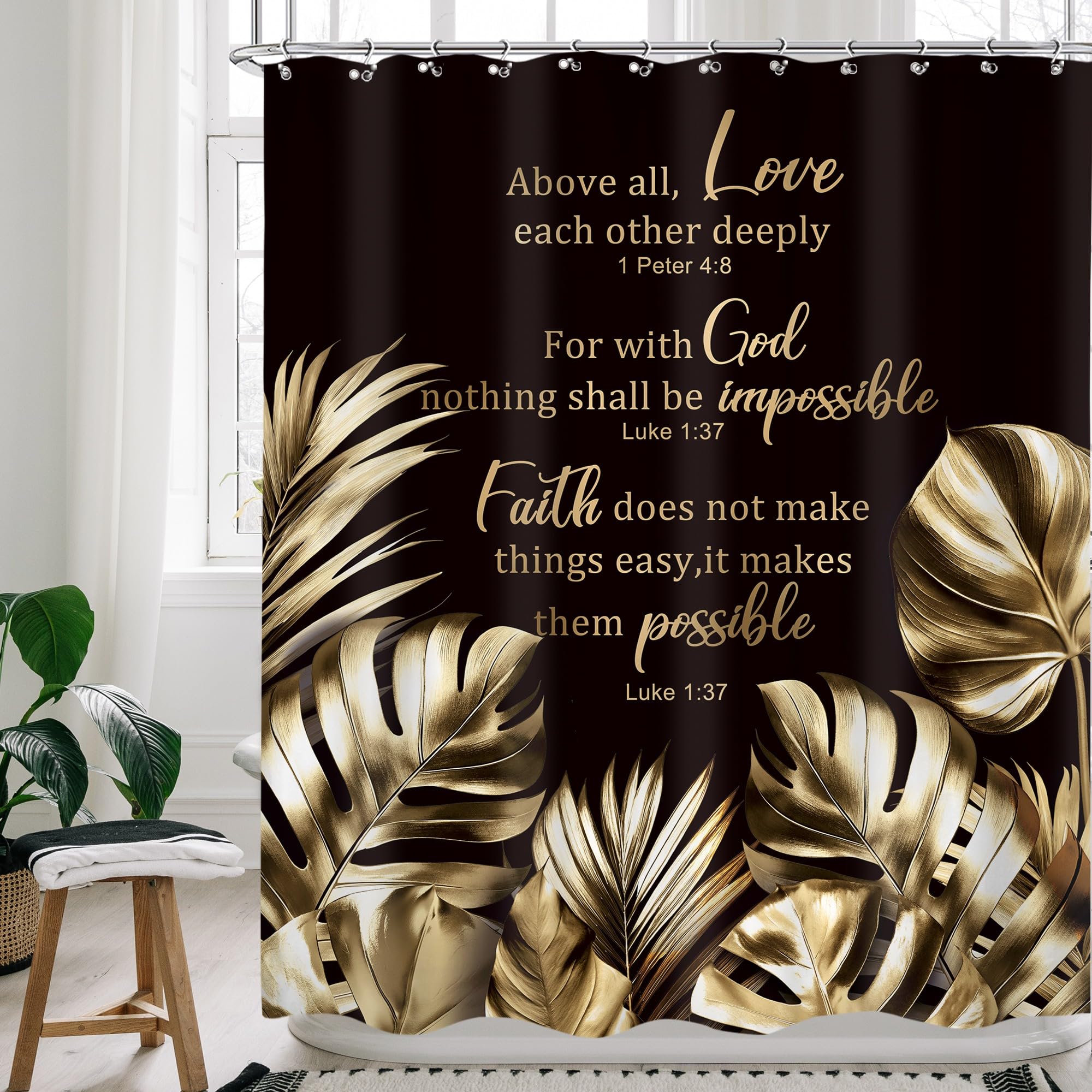 Cinbloo Black and Gold Shower Curtain 60Wx72H Christian Tropical Palm Leaves Quotes Bathroom Curtain Modern Scriptures Bible Verse Bath Curtain Fabric