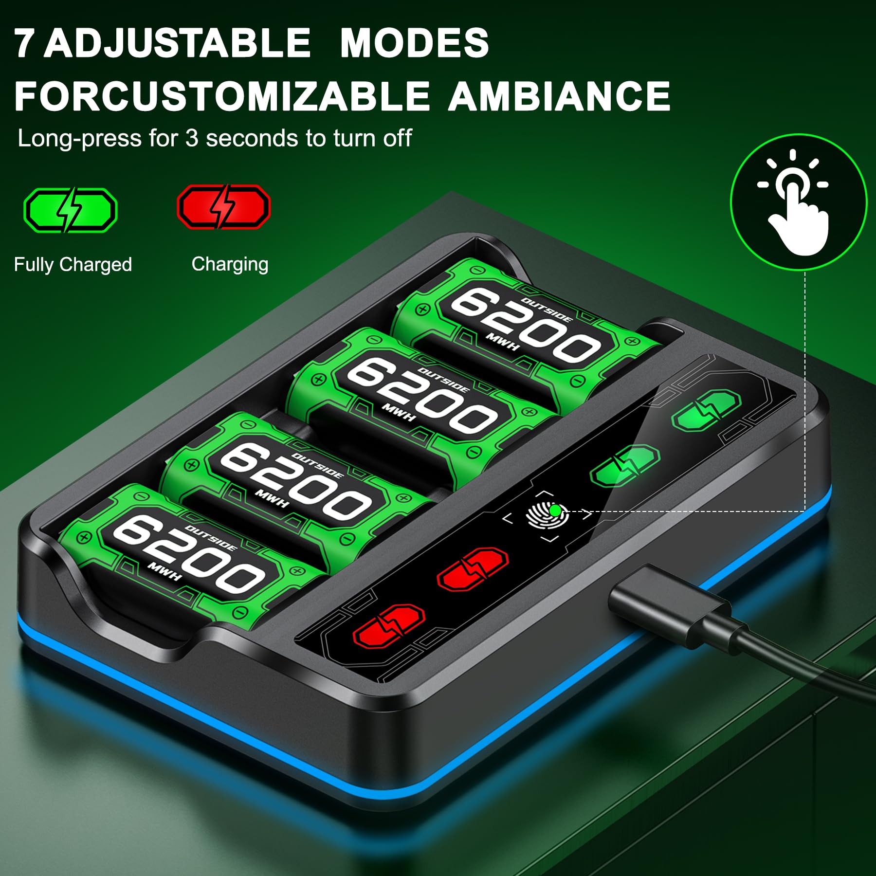 Mocagen 4 Pack 6200mAh Rechargeable Battery Pack for Xbox Series X|S/Xbox One/Elite Controller Charging Station with Touch-Sensor Light Strip, 30+hrs Playtime, Overcharge Protection