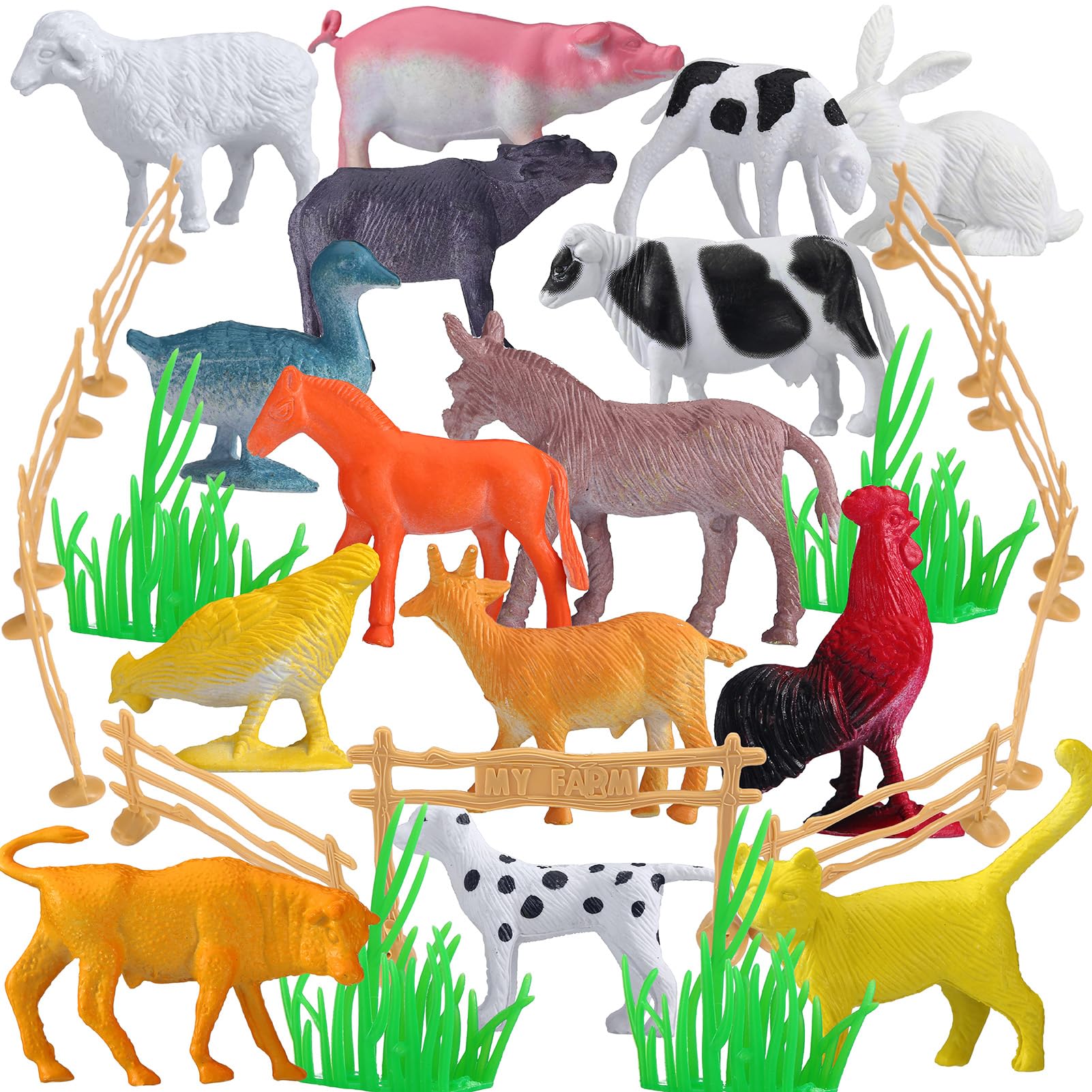 28Pcs Farm Animals Set, Mini Figurines Animals Toys with Plastic Assemble Fence Grass Door Educational Animal Figures Play for 3 4 5 Year Olds Kids Toddler