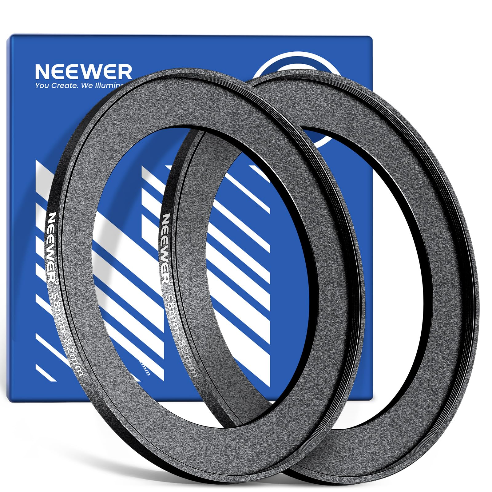 NEEWER 58-82mm Step Up Ring Adapter (2 Pack) with Cleaning Cloth, Ultra Slim Aluminum Alloy Lens Filter Adapter Ring for 58mm Camera Lens to Use 82mm