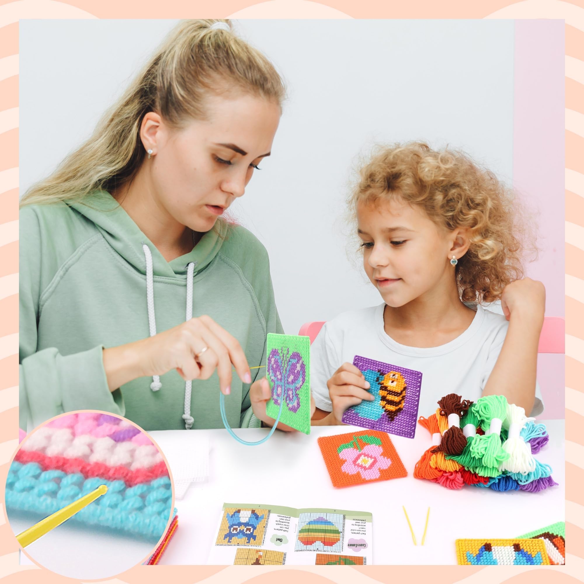 Pllieay Punto Croce Bambini 12-in-1 per Bambini, Kit di Ricamo Include 12 Pezzi di Tela in Plastica Vuota, 16 Fili, 6 Aghi da Ricamo, Kit Punto Croce per Principianti con Istruzion Set Punto Croce