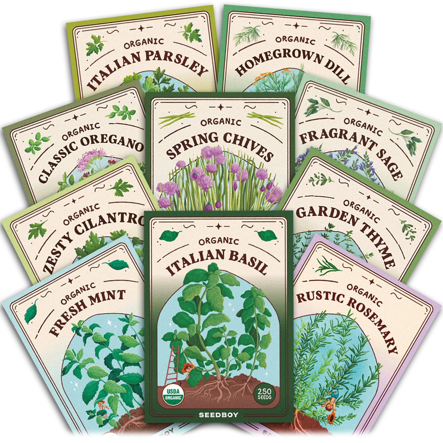 Seedboy Organic Non GMO 10 Herb Variety Pack: Basil, Cilantro Mint Oregano Parsley Thyme Chives Dill Sage Rosemary for Planting Indoor and Outdoor, 5460 USDA Certified Seeds (10 Herb Variety Pack)USDA Organic