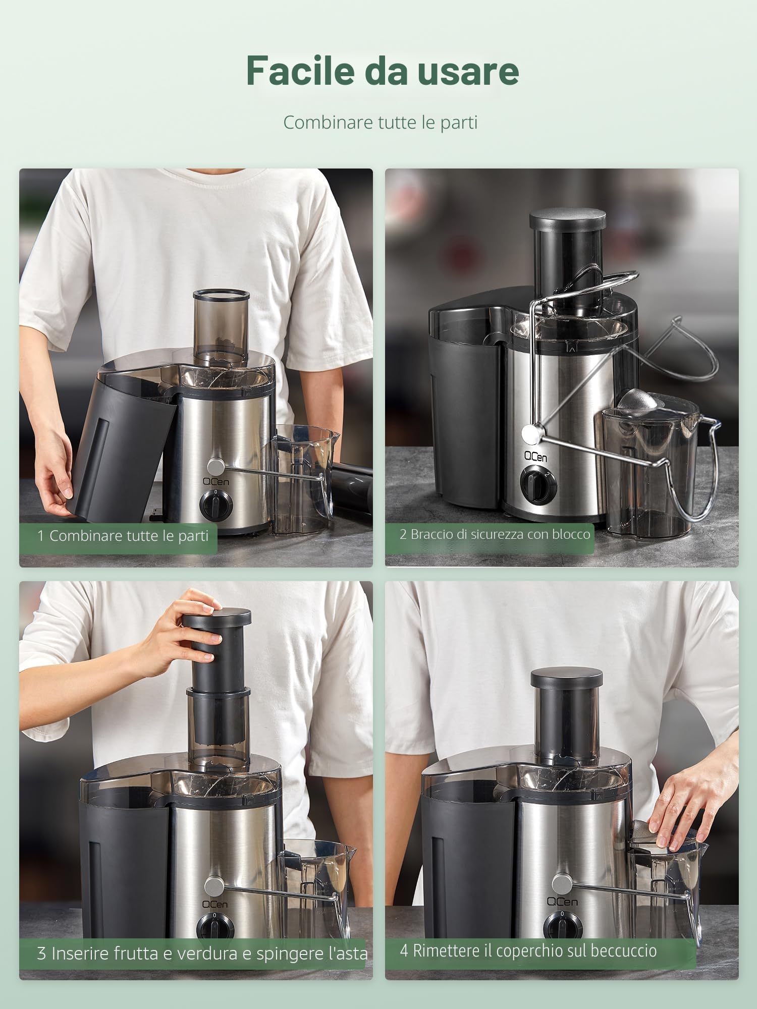 QCen Spremiagrumi, centrifuga con vano di riempimento da 3 pollici, facile da pulire, in acciaio inox, senza BPA, ideale per frutta e verdura (Argento, 500W)