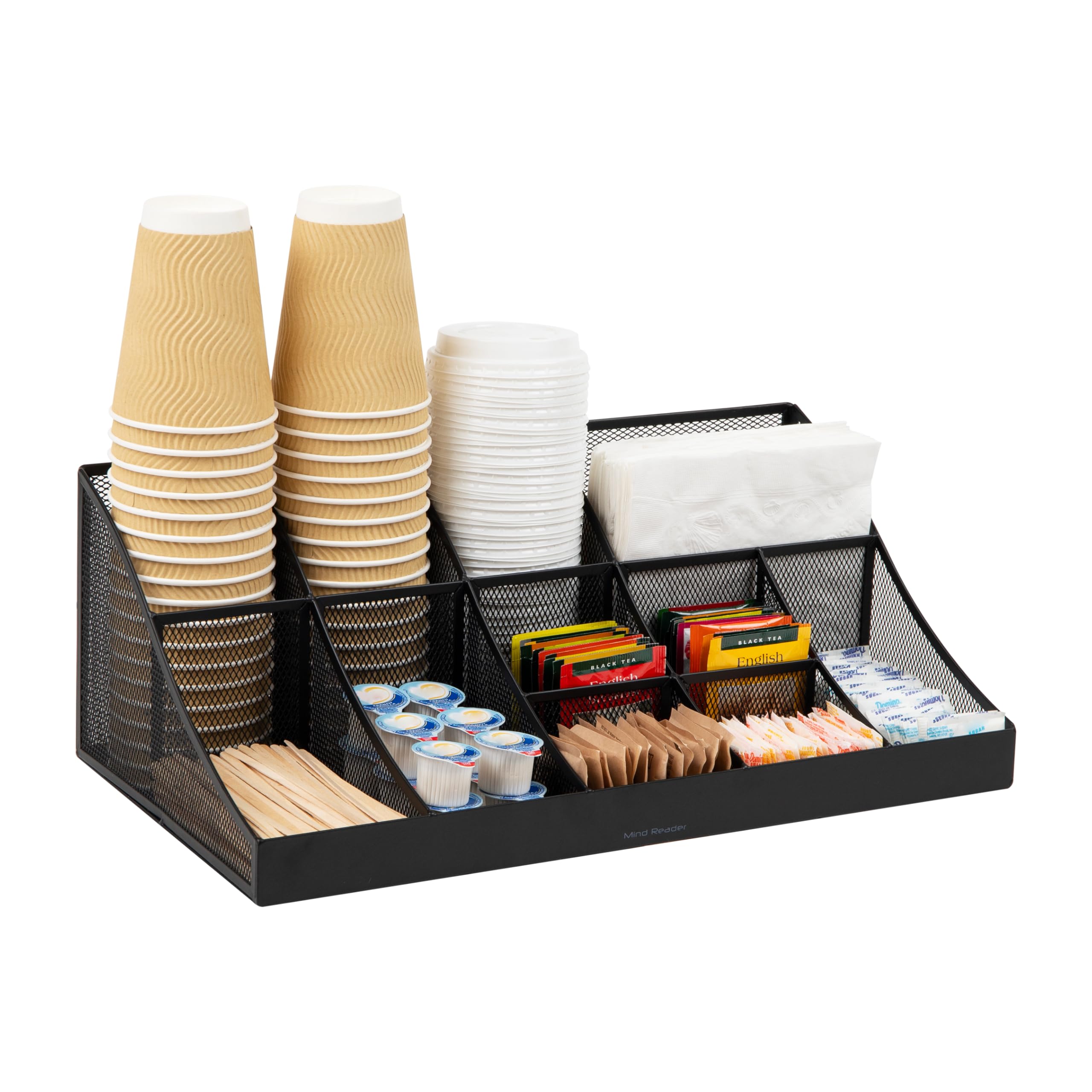 Mind Reader COMORGMESH-BLK 11-Compartment Coffee Cup and Condiment Countertop Organizer, Metal Mesh, 17.875" L x 9.5" W x 6.625" H, Black