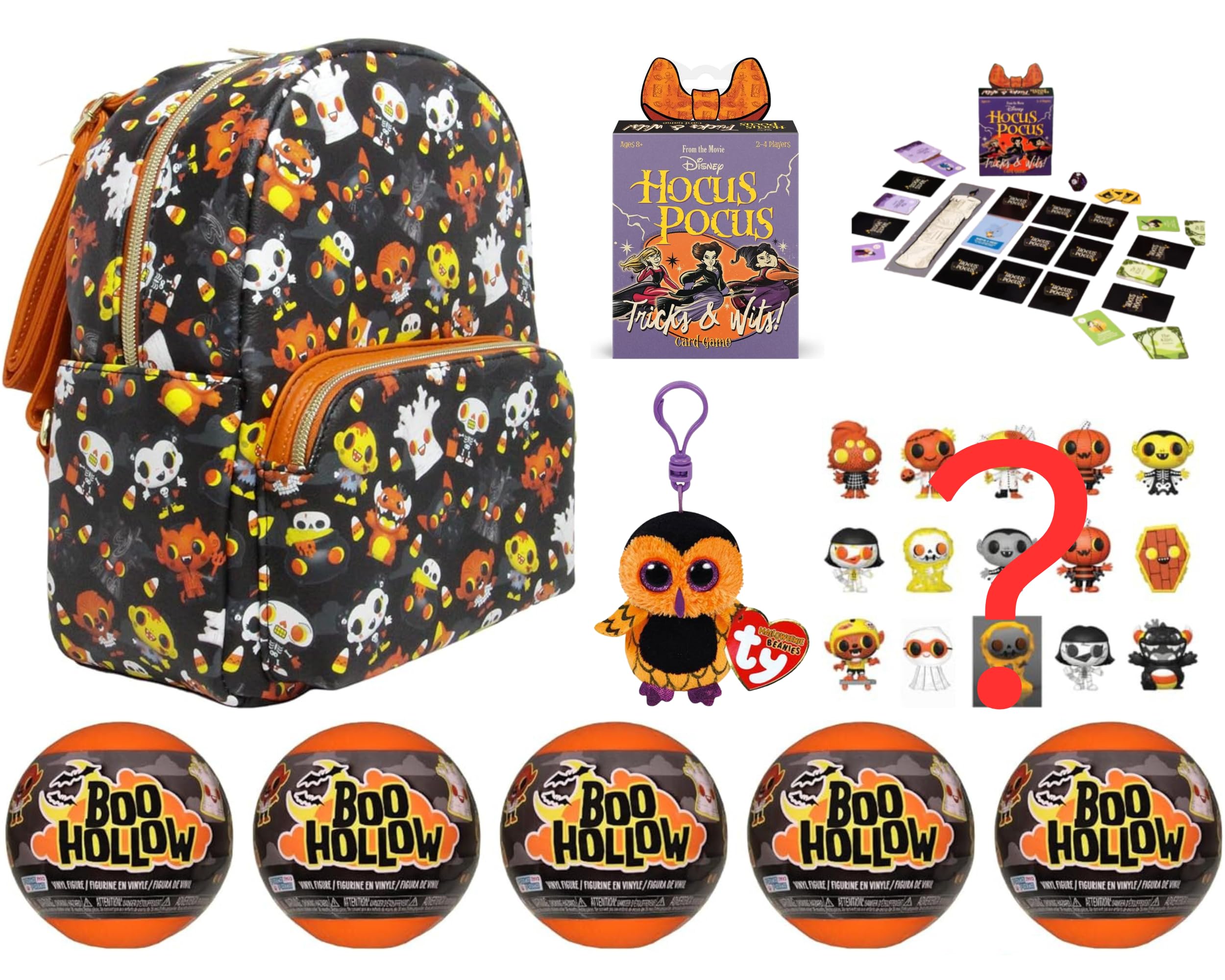 Boo Hollow, Hocus Pocus & TY - Halloween Theme Gift Set - Funko Twin Compartment Backpack, 5x S3 Mini Figures, Hocus Pocus Card Game & 3" 8cm TY Screech The Owl Keyclip