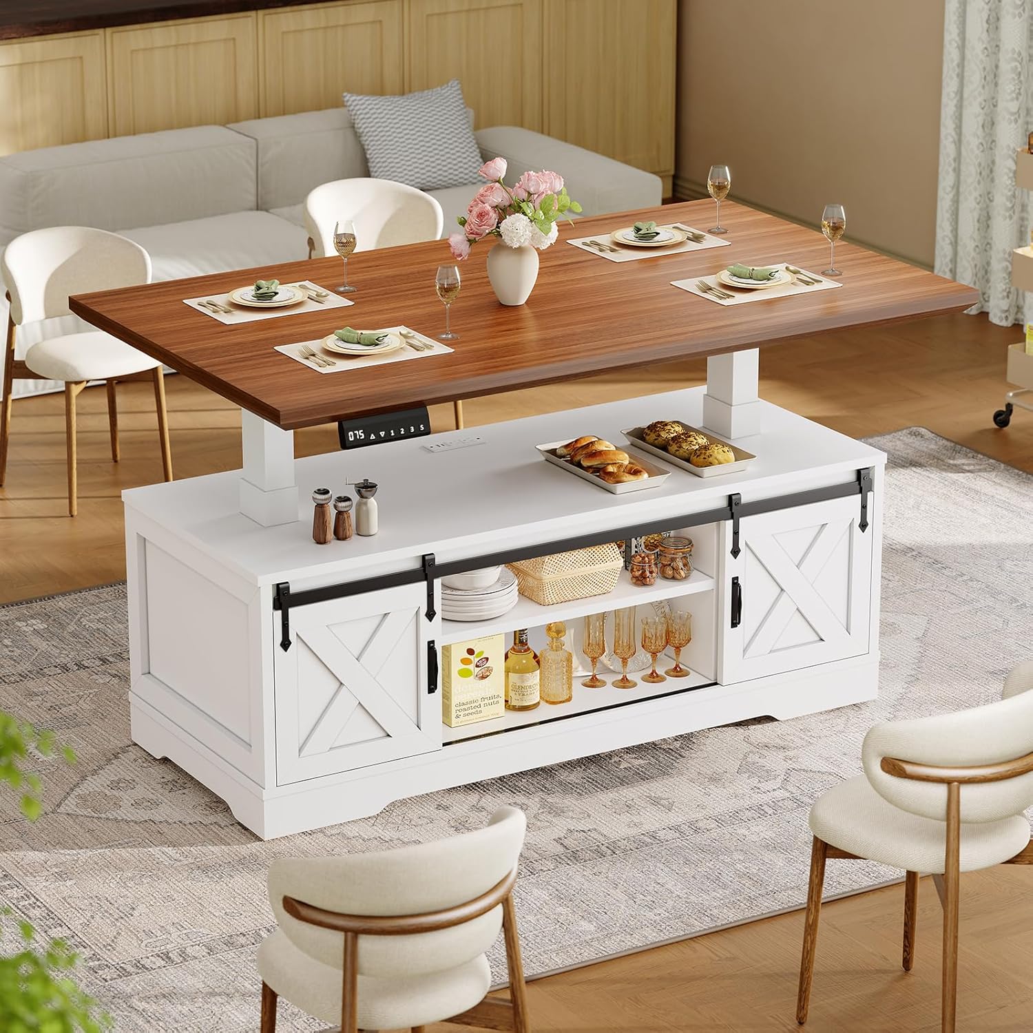 SEDETA 47.2" Farmhouse Smart Lift Top Coffee Table, Rectangle Coffee Table with Storage and Barn Door, Height Adjustable Coffee Table with Power Outlet for Living Room (White)