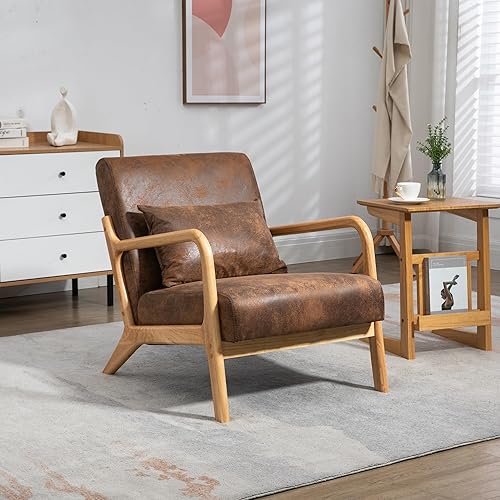 JUUXO Silla decorativa moderna Mid-Century marco de madera maciza con cojín lumbar tapizado, diseño versátil y minimalista para sala de estar,