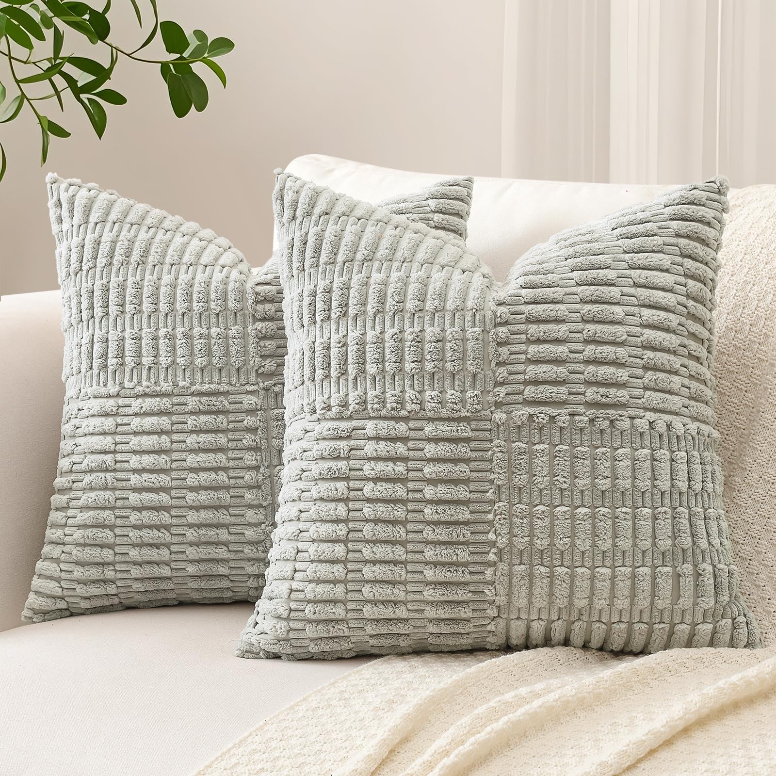 Sungeek Set of 2 Decorative Cushion Covers 60 x 60cm Soft Corduroy Striped Cross Patchwork Textured Pillow Cases Boho Farmhouse Square Throw Pillow Covers for Sofa Bed Patio 24x24 Inch, Light Grey — image 1