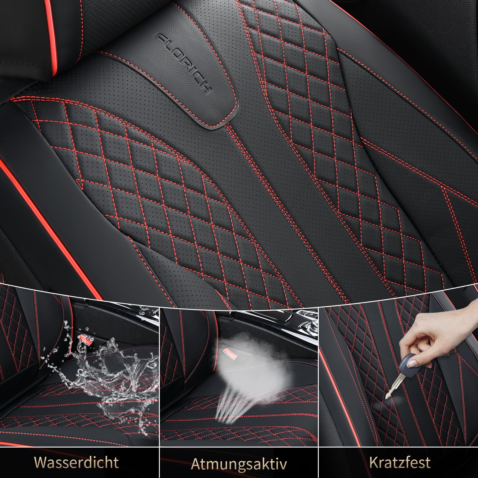 FLORICH Coprisedili Universali Coprisedili Coprisedili in Pelle Impermeabili Adatti alla Maggior Parte Delle Autovetture, SUV (Completo, Nero&Rosso Linea)