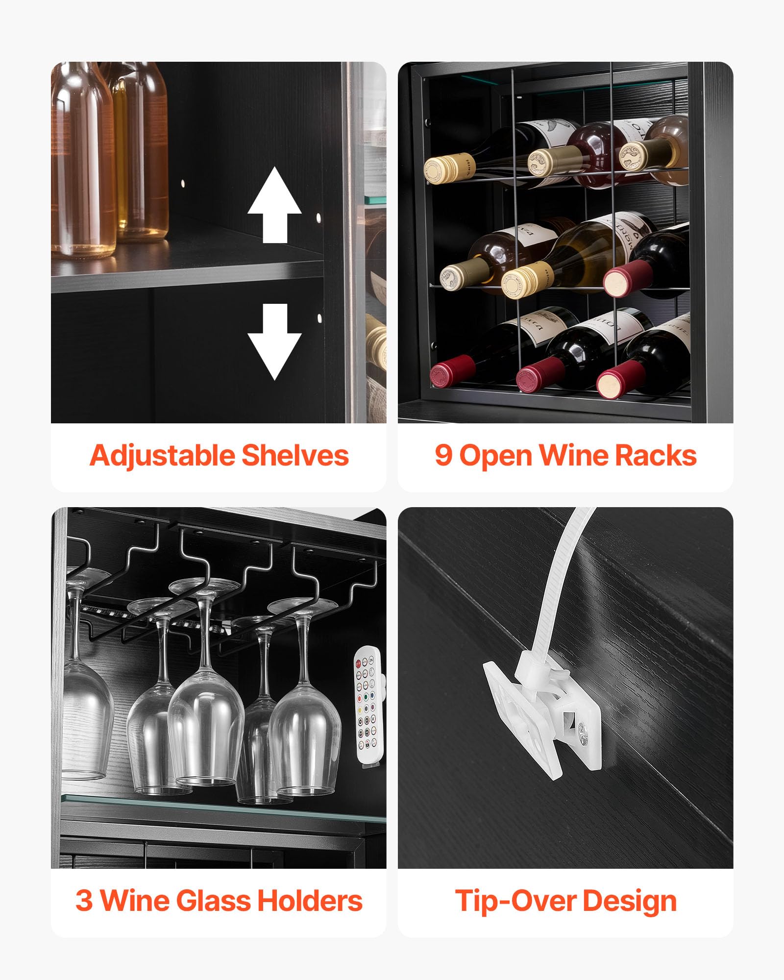 VEVOR Mobile da Bar per Casa Credenza Portabottiglie, Mobiletto Portabottiglie Portabicchieri con Illuminazione LED Dimmerabile Ripiani per Bottiglie, Credenza da Bar per Soggiorno Salotto Cucina