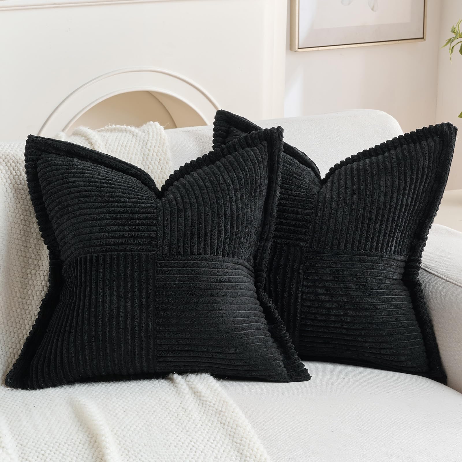 FUTEI Set of 2 Corduroy Cushion Covers 45 x 45 cm, Black
