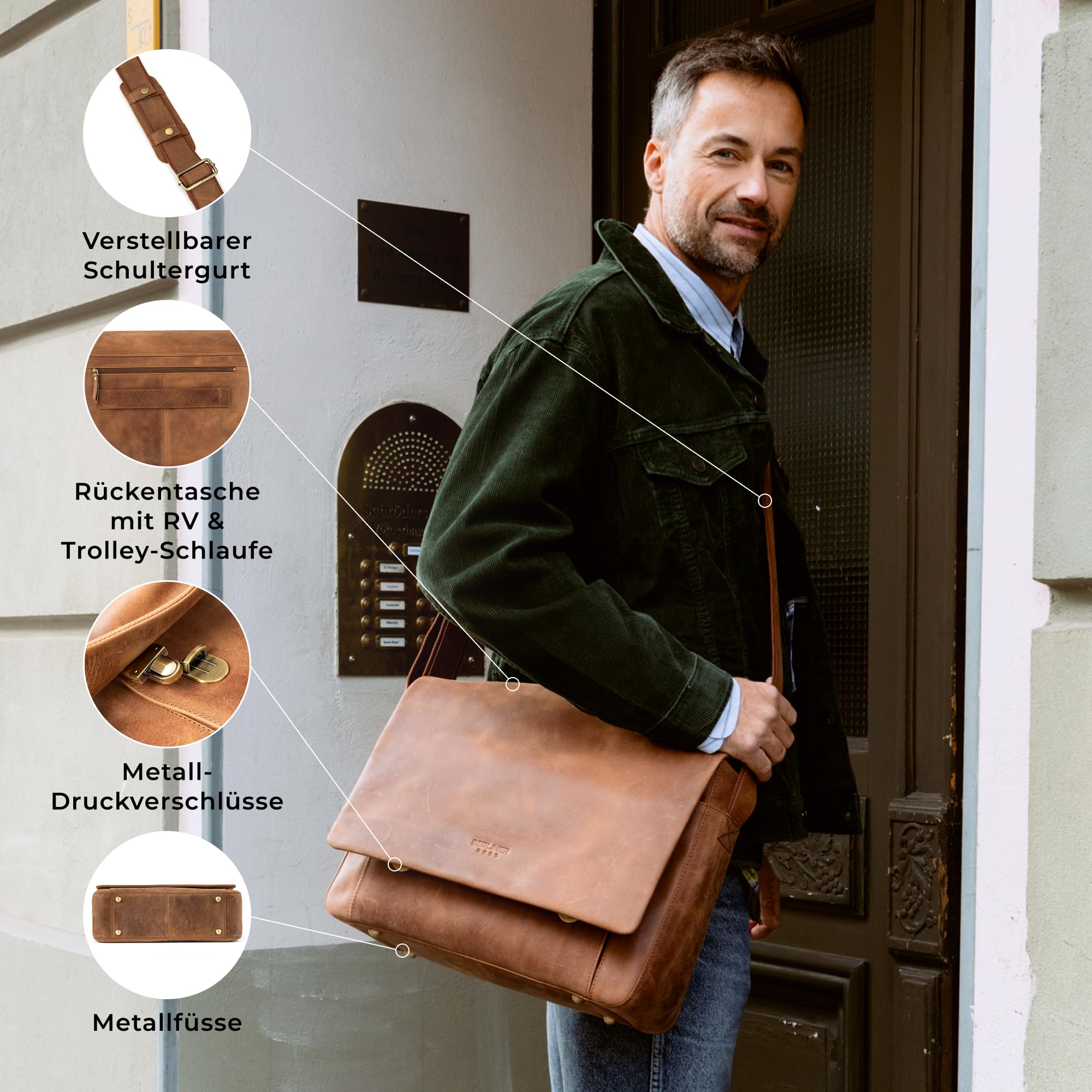 Berliner Bags Umhängetasche P-Berg Vintage, Messenger Bag aus Leder - Braun | Arbeitstasche & Umhängetasche für Herren, 17 Zoll Laptopfach & RFID-Schutz, verstellbarer Schulterriemen aus Echtleder