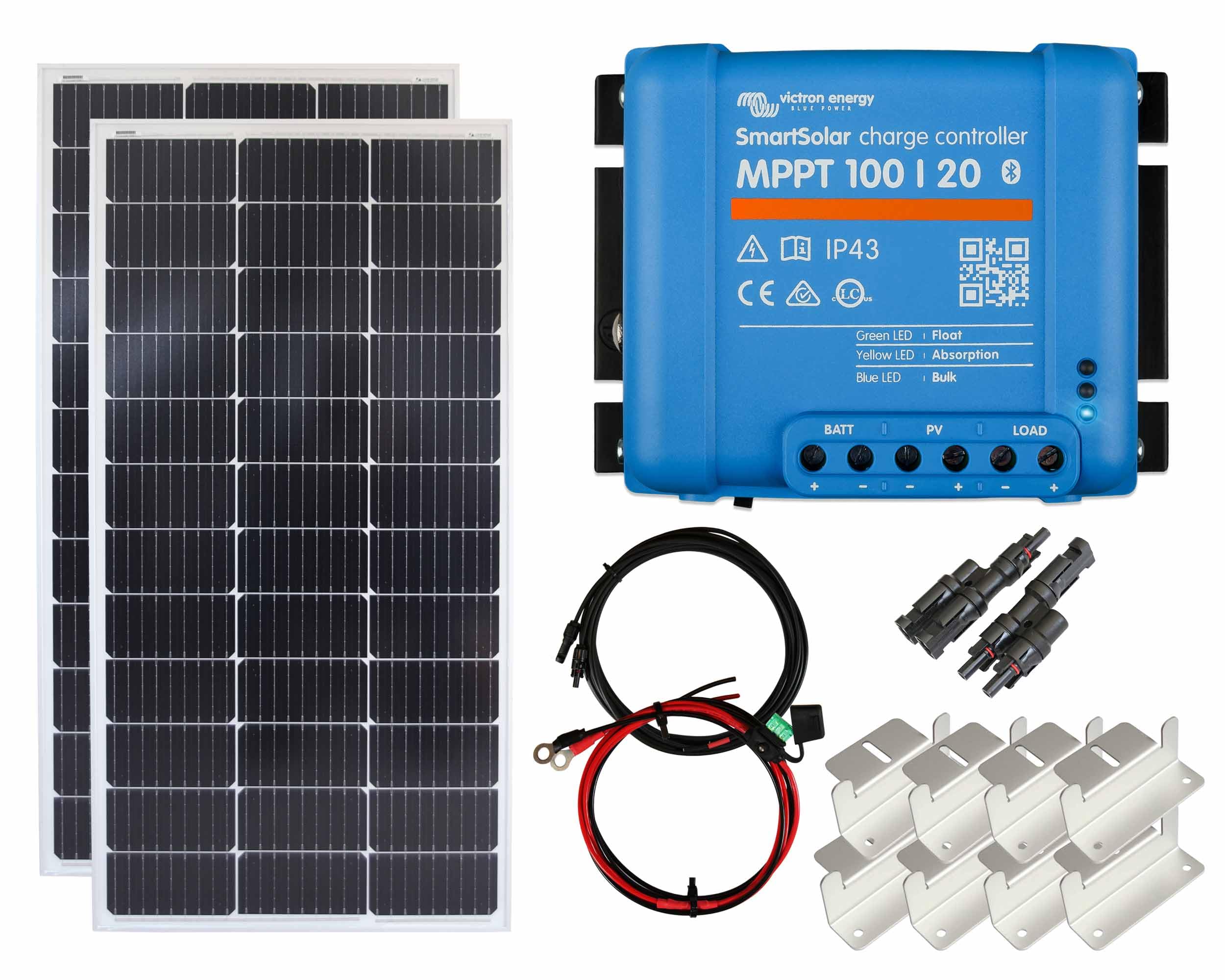 200w Mono Solar Panel Kit charging MPPT Smart Controller Battery Z-Mount with Mounting Brackets, Cables & T-Branches
