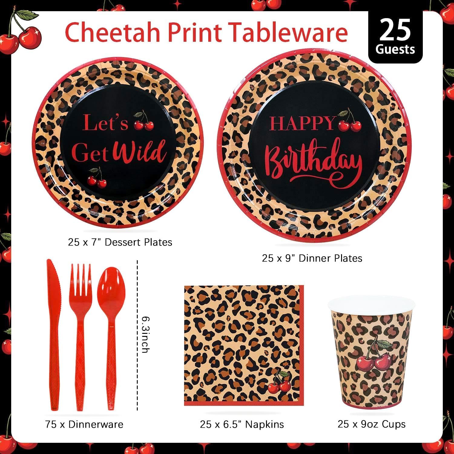 Red Cheetah Print Birthday Party Decorations Plates Set 25 Guests,175pcs Plates Napkins Cups Cutlery Set, Y2K Cherry Leopard Print for Girls Night Big Mama Women - Image 4
