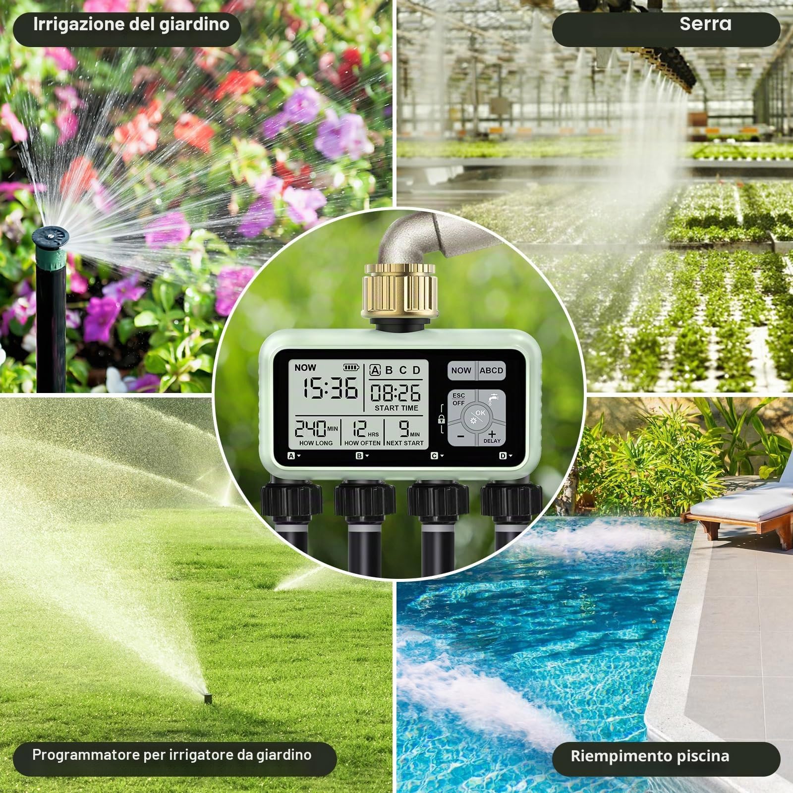 Timer per irrigazione a 4 zone con ingresso in ottone, timer irrigatore, timer programmabile per rubinetto del tubo da giardino esterno con ritardo della pioggia/sistema di irrigazione manuale