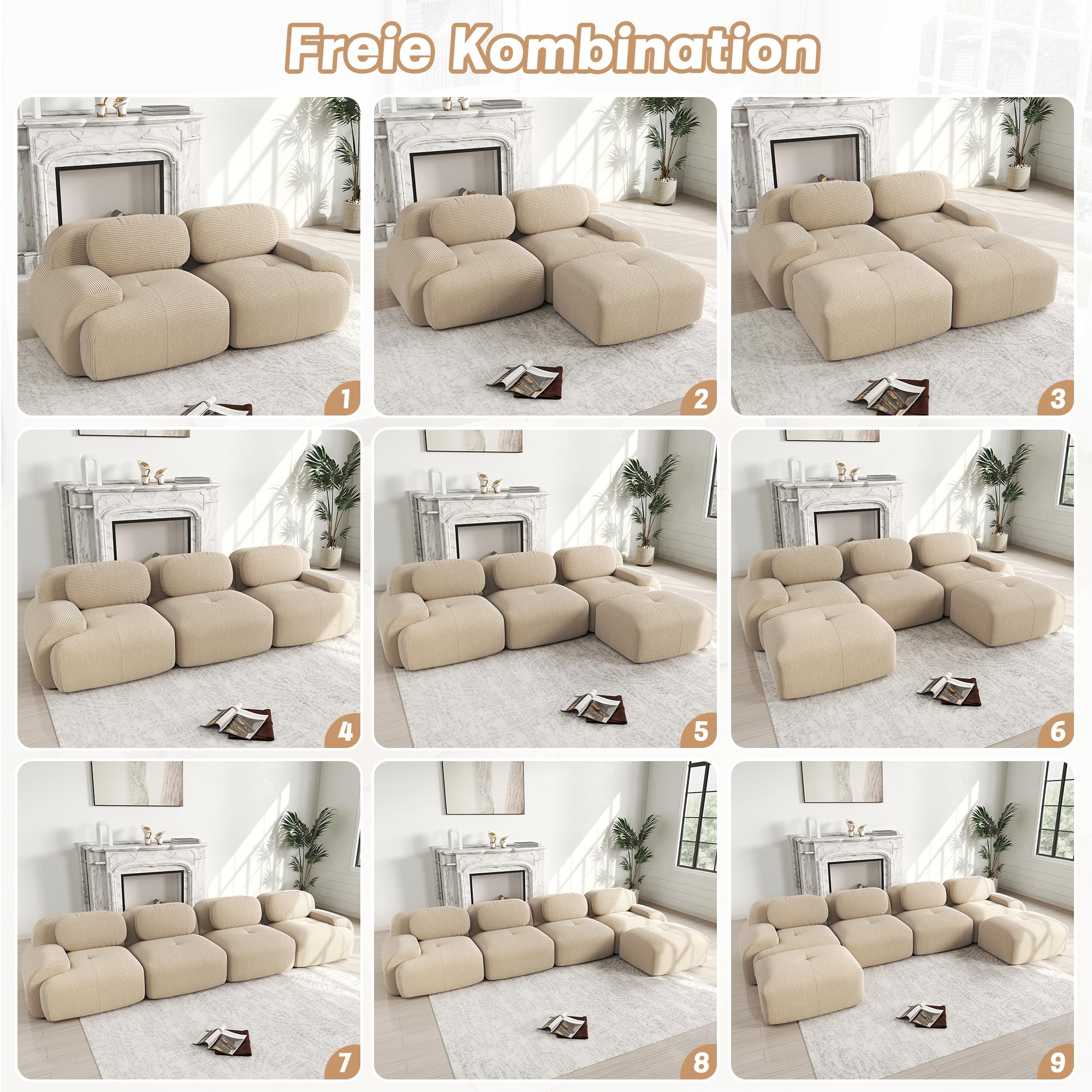 Sofá modular de esquina de tela de pana, sofá boneless, sofá con función de dormir, de 32D espuma de alta densidad, diseño de asiento profundo, base antideslizante, para sala de estar y