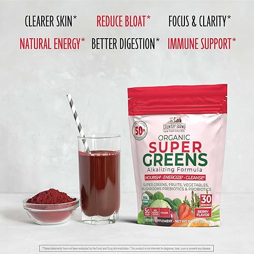 Miniatura 3 de COUNTRY FARMS Super Greens sabor a bayas, 50 súper alimentos orgánicos, mezcla de bebida orgánica USDA (pasto de trigo, espirulina, clorella),