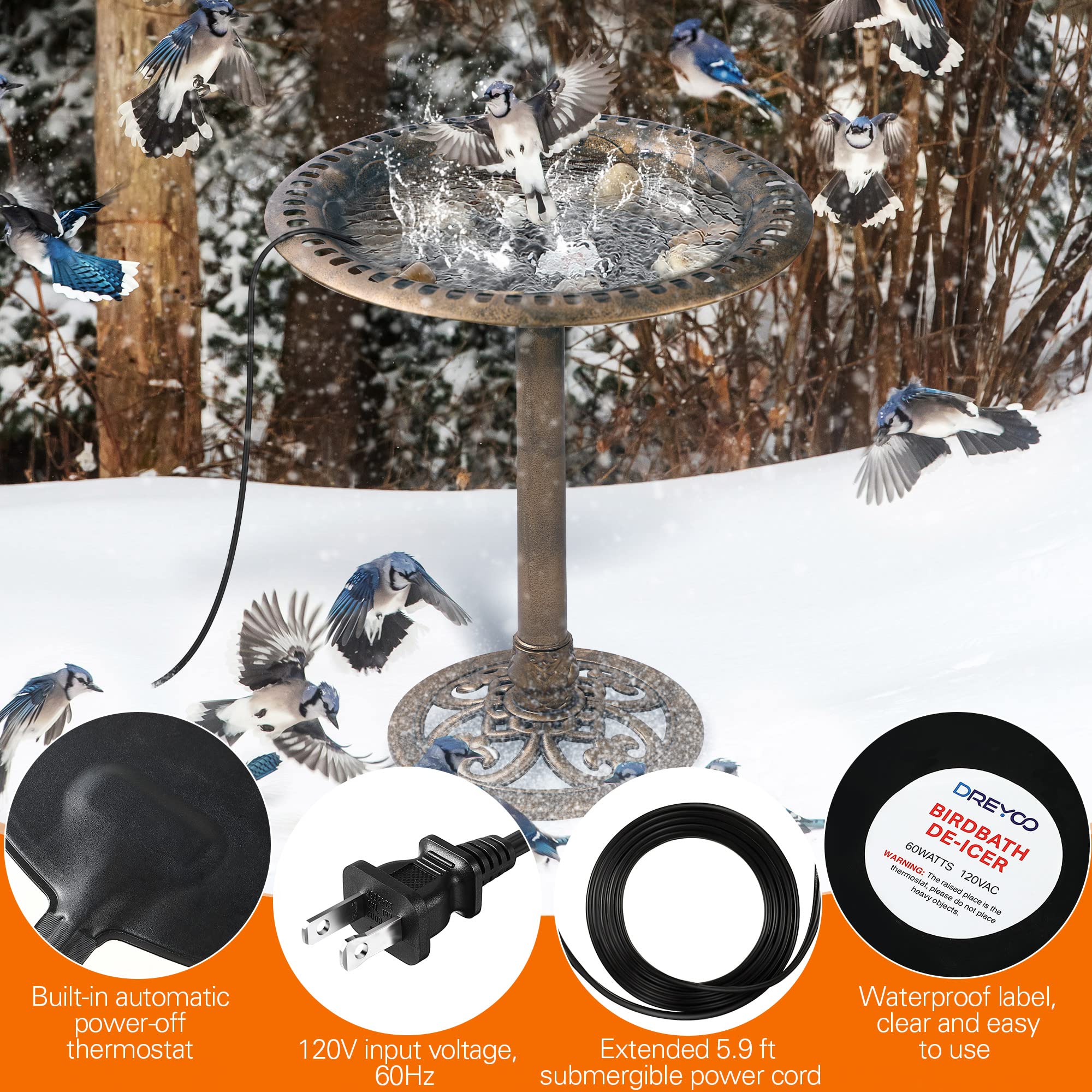 Bird Bath De Icer, 60w Submergible Utility De Icer