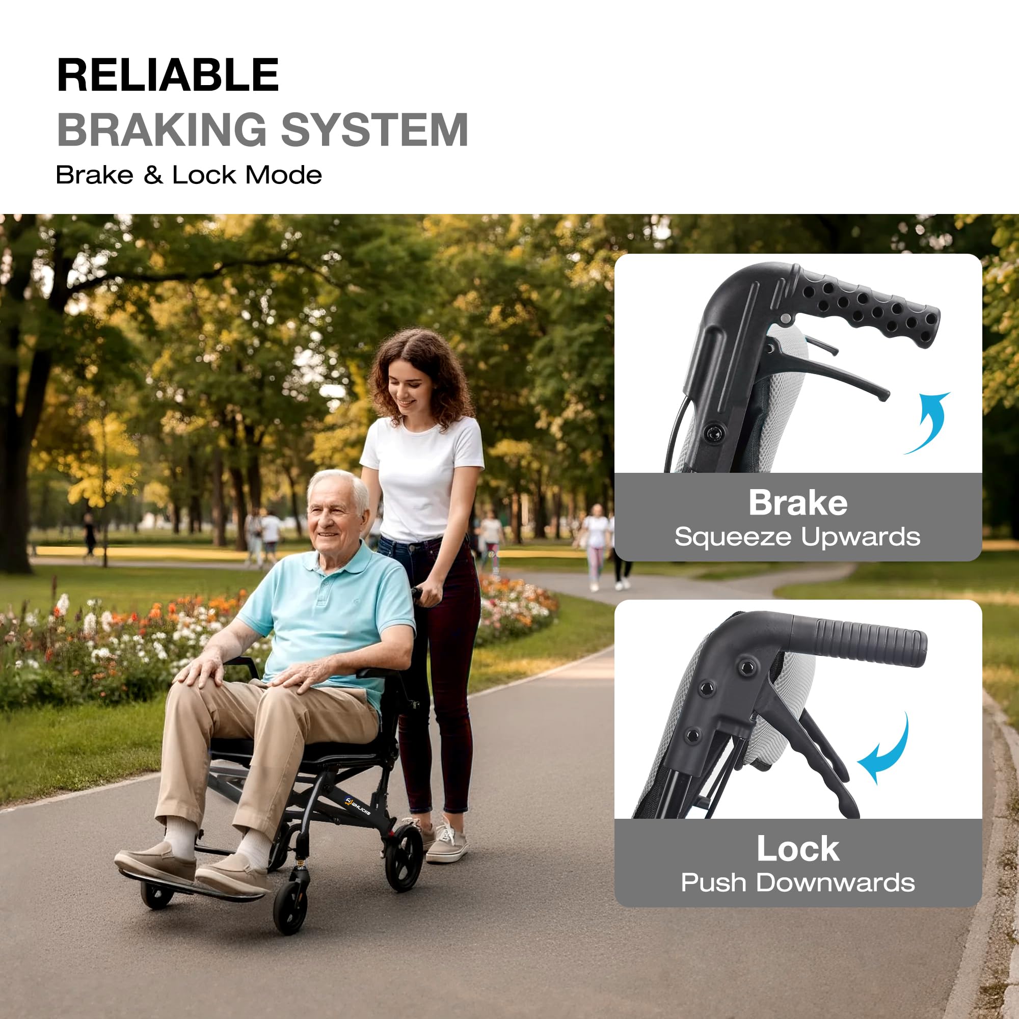 Fauteuils roulants pour adultes fauteuil de transport léger et pliable avec poignée télescopique, largeur d'assise de 46 cm. Fauteuils roulants pliables et portables pour les personnes âgées.