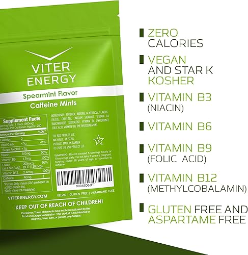 Miniatura 3 de Viter Energy - Mentas cafeinadas, (0.001 onzas) 40 miligramos de cafeína y vitaminas B con potente menta, sin azúcar Aumenta la energía, enfoque y