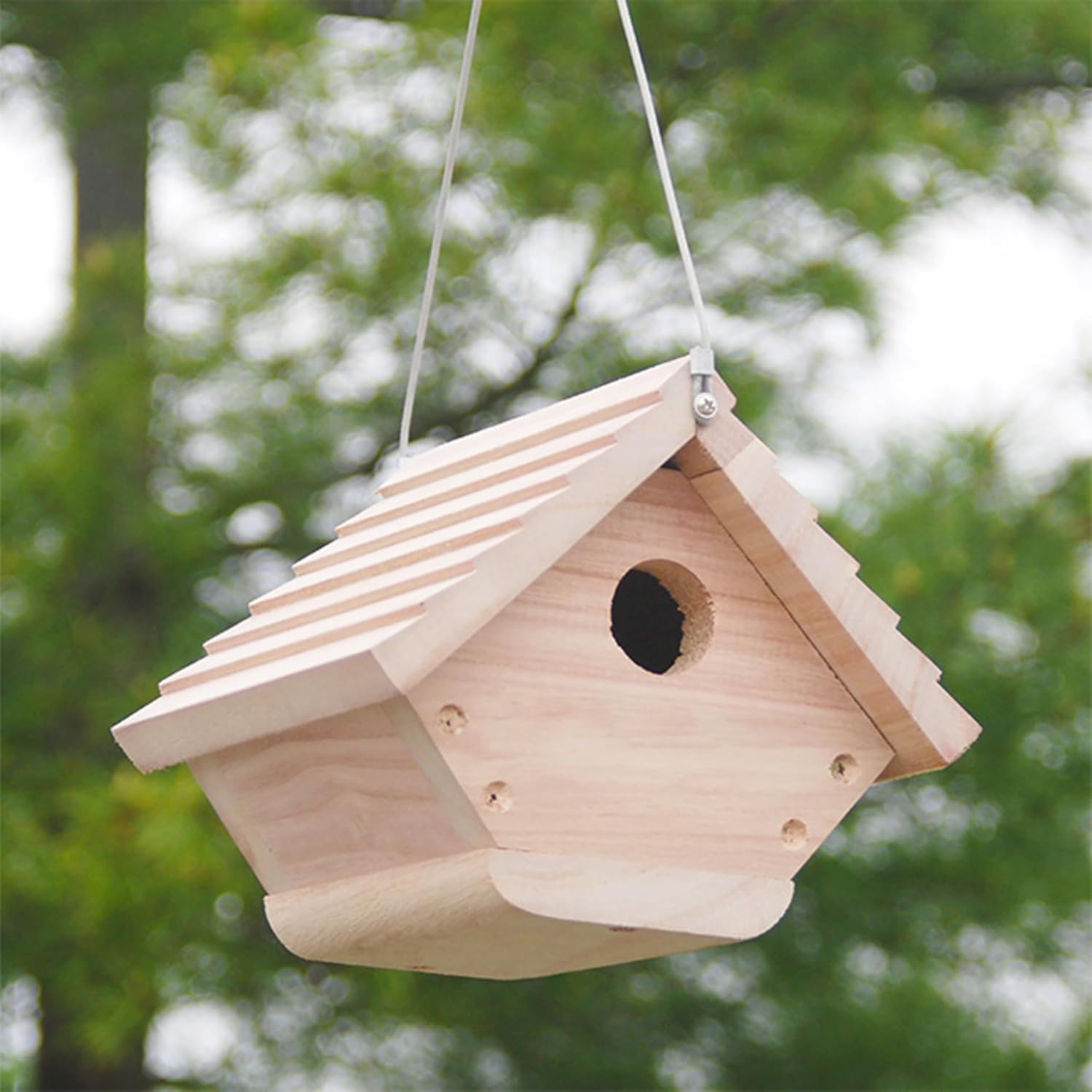 BestNest Classic Hanging Wren House Wooden Outdoor Birdhouse for Wrens & Chickadees, 1.25” Entry Hole, Pitched Roof with Overhang, Removable Base for Cleaning, Hanging Cable Included