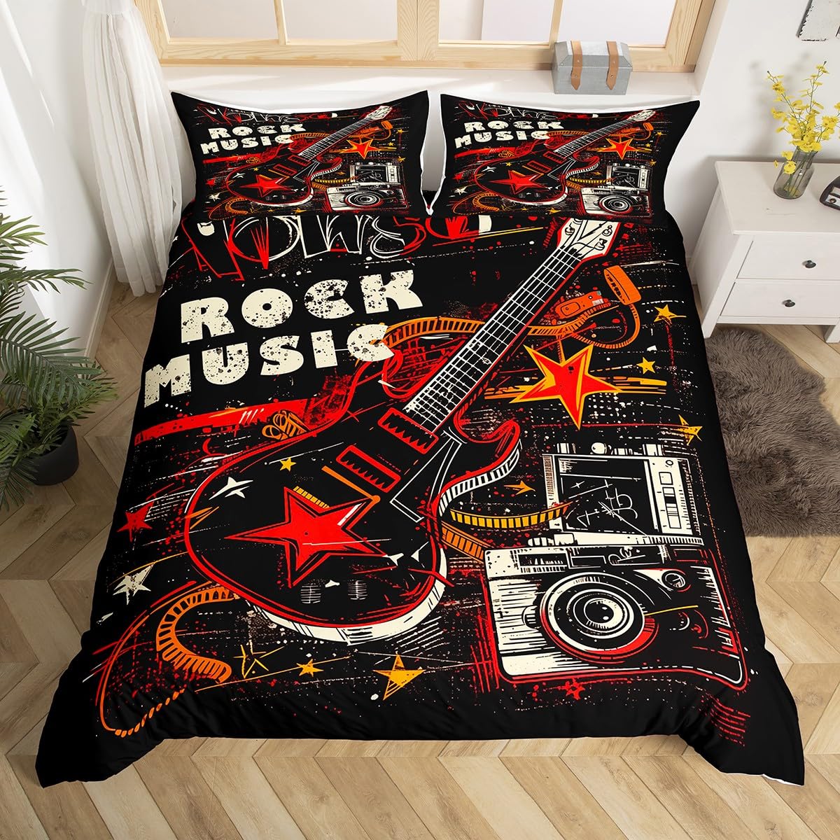 Manfei Gutar Headset Kids Duvet Cover Set King Size, Rock Music Theme Comforter Cover, Musical Instrument Bedding Set for Boys Girls Adult Bedroom Decor, Lightweight Bedspread Cover, 2 Pillowcases โ image 1